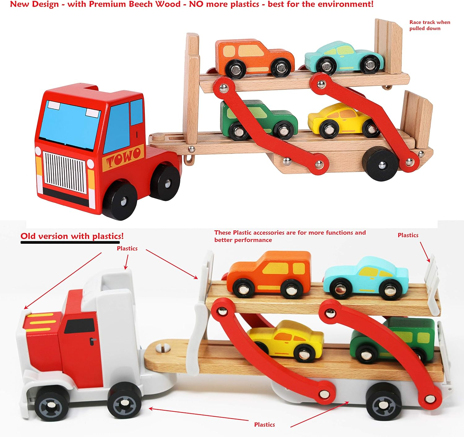 TOWO Wooden Car Transporter Toy Double Decker Trailer with 4 Cars Ramp Racer - Wooden Car Toy Truck Carrier for 3 Years Old Boys Vehicle Toys for Kids image number 2