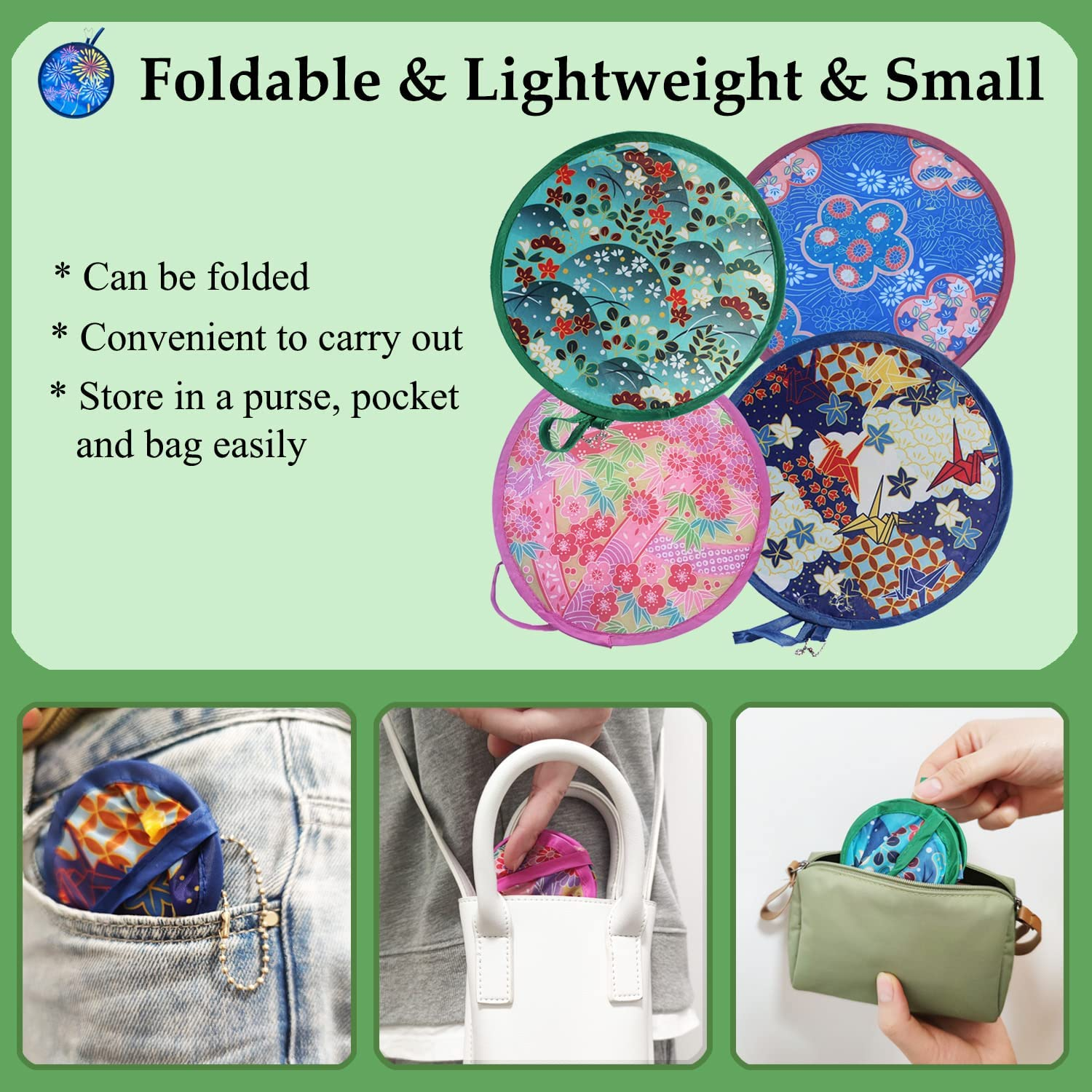 MXY Foldable Fan Japanese Style Summer Handheld round Folding Fan Beautiful Pattern Festival Decor Wedding Home Decoration 4 Units Different Patterns image number 2