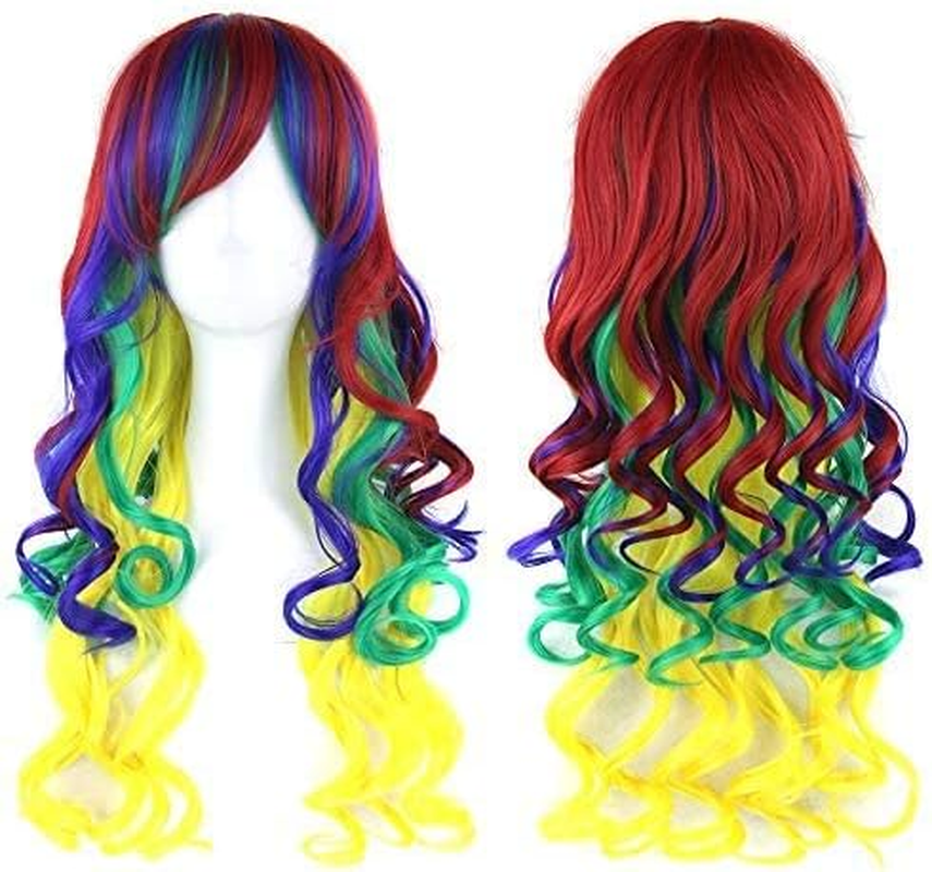 IMISSU 26'' Long Curly Natural Hair Cosplay Wig with Bangs Colorful Halloween Costume Party Wigs for Women (Pink Purple) - Blue Pink image number 2