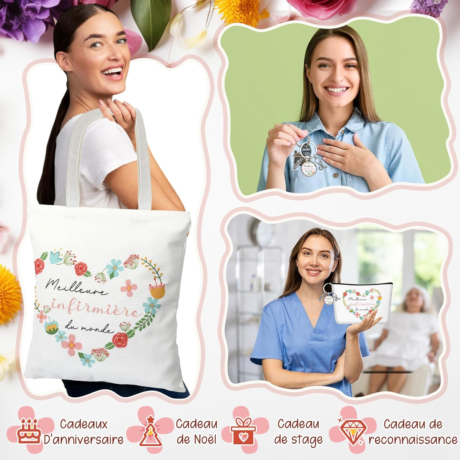 Xuniea Nurse Gift Set Including Canvas Bag, Cosmetic Bag, Keyring with Heart, Stethoscope and Syringe, Thank You Gifts for Medical Staff, Christmas image number 1