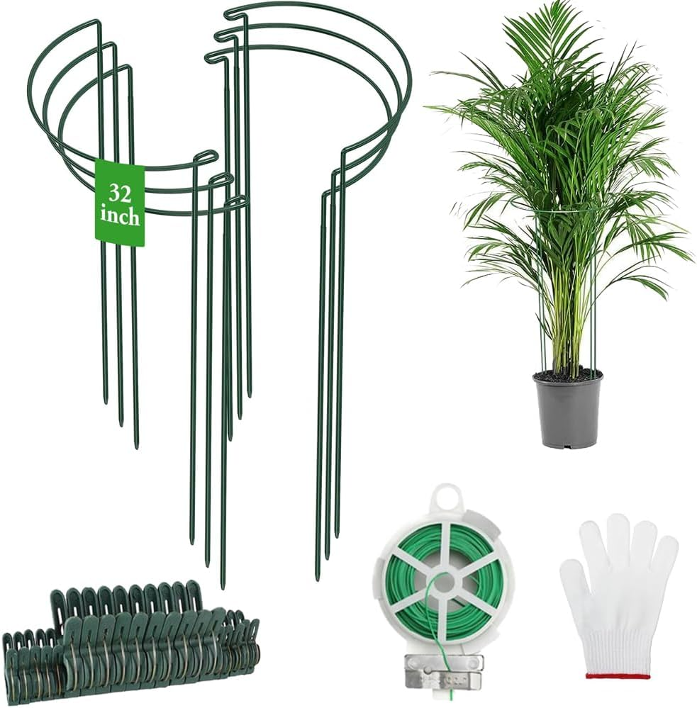 6 Pack Plant Support Stakes,10" W X 32" H Half round Ring Metal Plant Support Stakes, with Plant Clip, Garden Wire and Gloves,For Indoor and Outdoor Plants, Vegetable, Flowers image number 4