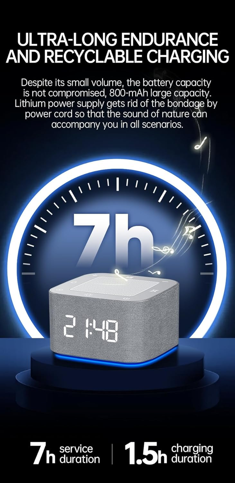 White Noise Machine & Alarm Clock with Bluetooth Music Player,32+ Soothing Sounds,7-Color Night Light, 5-Timer Settings, Dimmable, Memory Function, for Adults/Baby/Bedroom/Office (Grey) image number 4