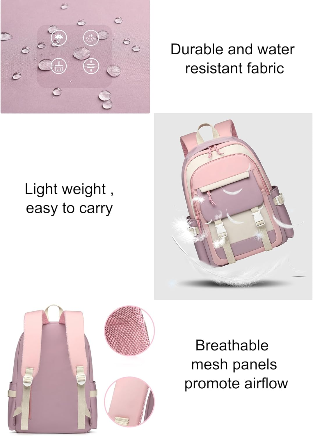 Sellerfun Junior Middle School Backpack Color Block Gilrs Daypack Fir for School Outdoor - Blue Purple image number 2