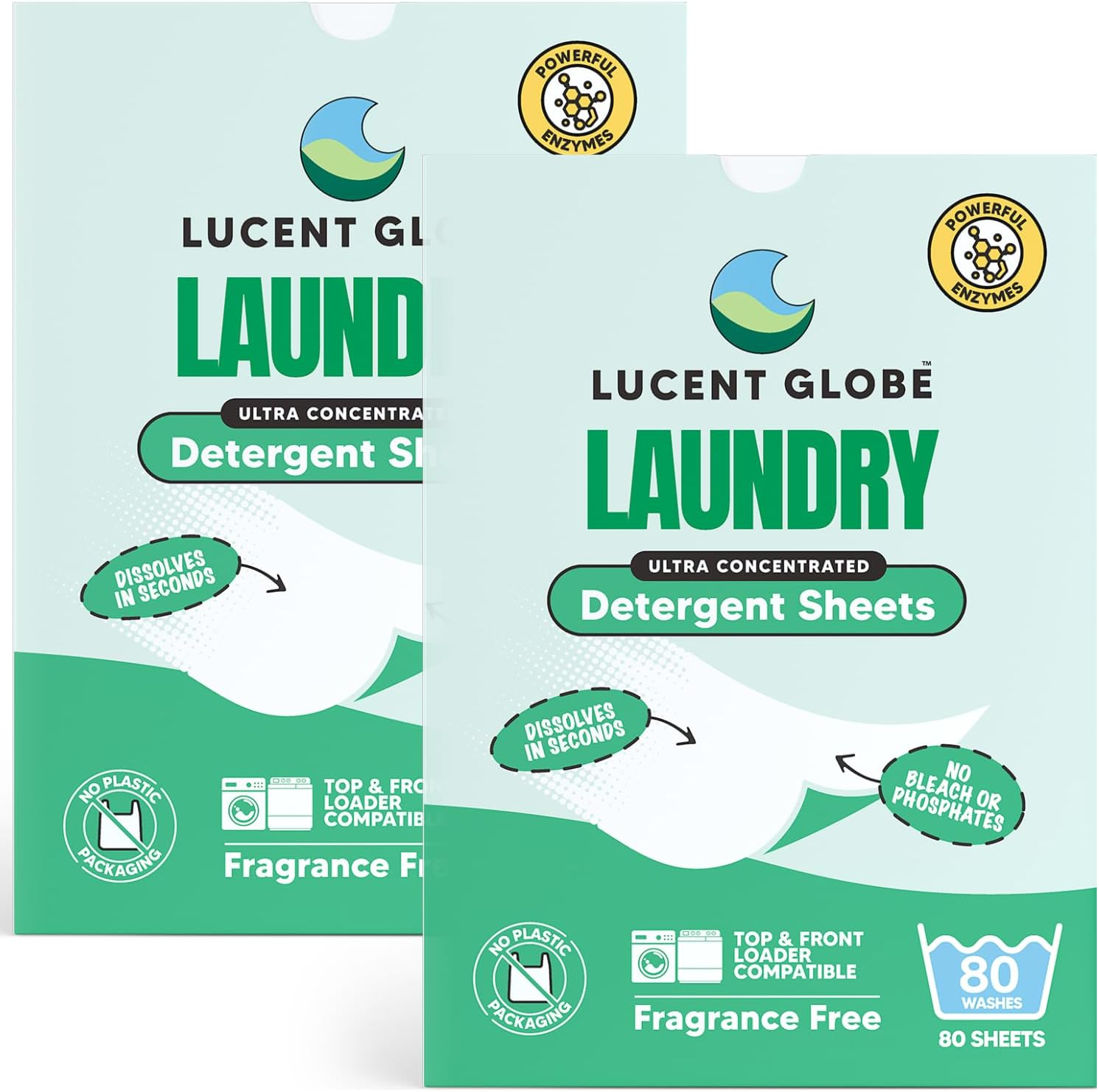 Lucent Globe Sensitive Laundry Detergent Sheets, Plant-Based, Biodegradable, Plastic Free Packaging. (2 Pack of 160 Washes, Fragrance Free) image number 3