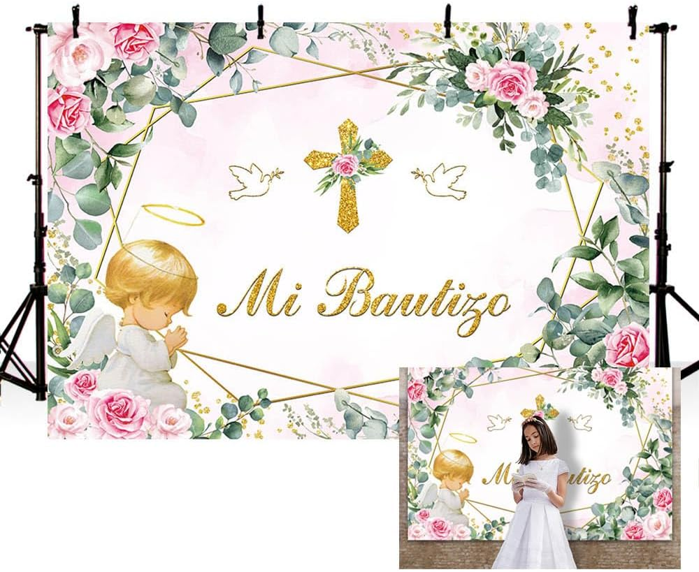 MEHOFOND 2.1 X 1.5 M Pink Girl Christening Background Angel Baby My Communion Cross Photography Background Dove Communion Church Christening Party Decoration Banner Studio Supplies image number 3