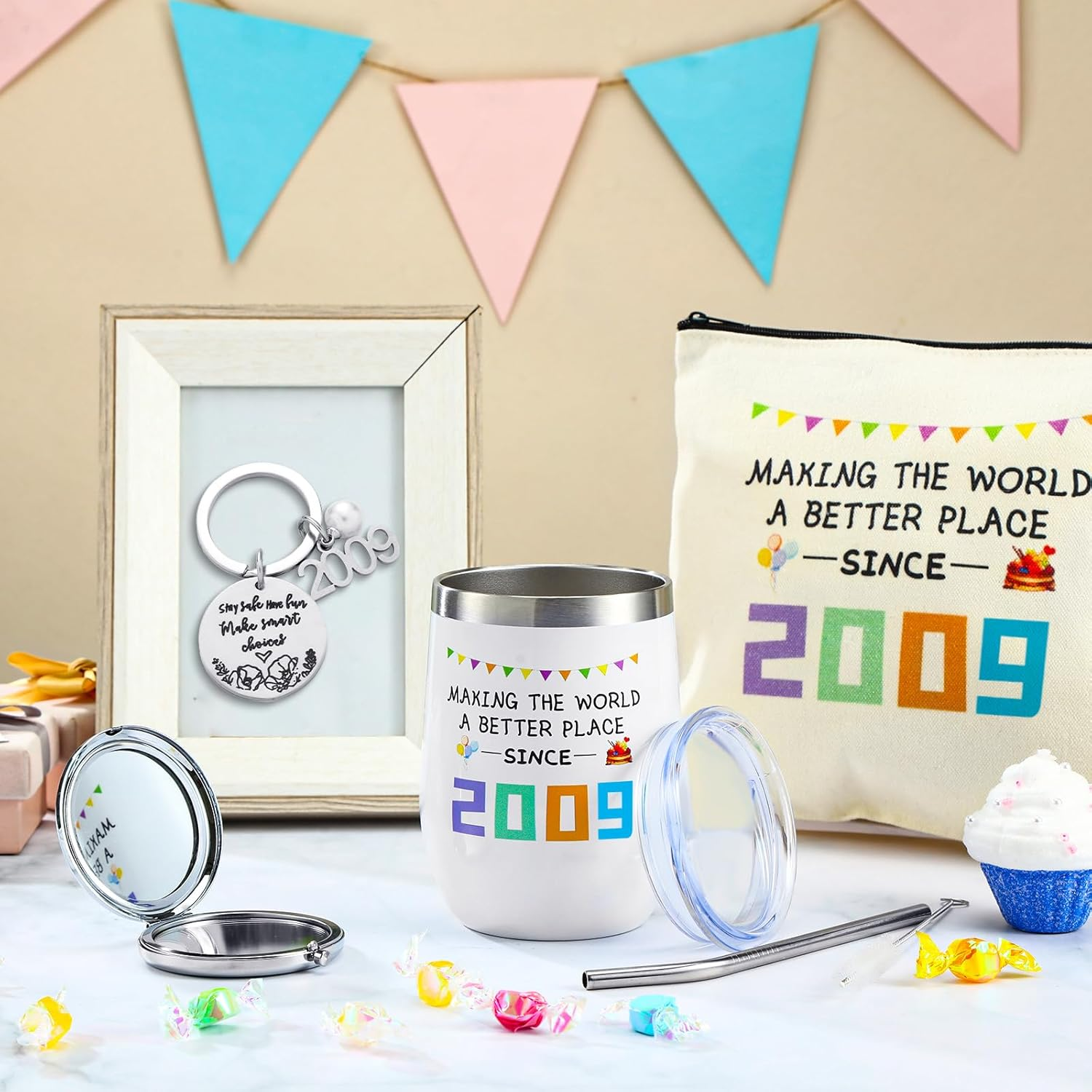 Didaey 16Th Birthday Gifts Set for Girls 2009 16 Years Old Gift, since 2009 16Th Birthday Makeup Pouch Bag 12 Oz Insulated Tumbler Stainless Steel Mirror Keychain for Bestie Daughter BFF, Multicolor image number 2