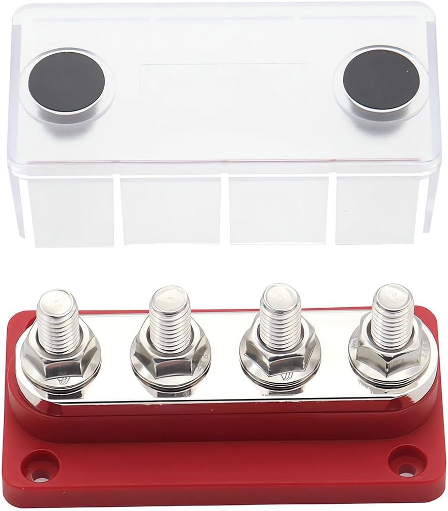 4 Gang 300A M8 Power Distribution Block Bus Bar Terminal Post Stud 12V Red Tin-Plated Copper Corrosion Protection Anti-Galling Durable and Compatible Enhance Your RV Experience image number 1
