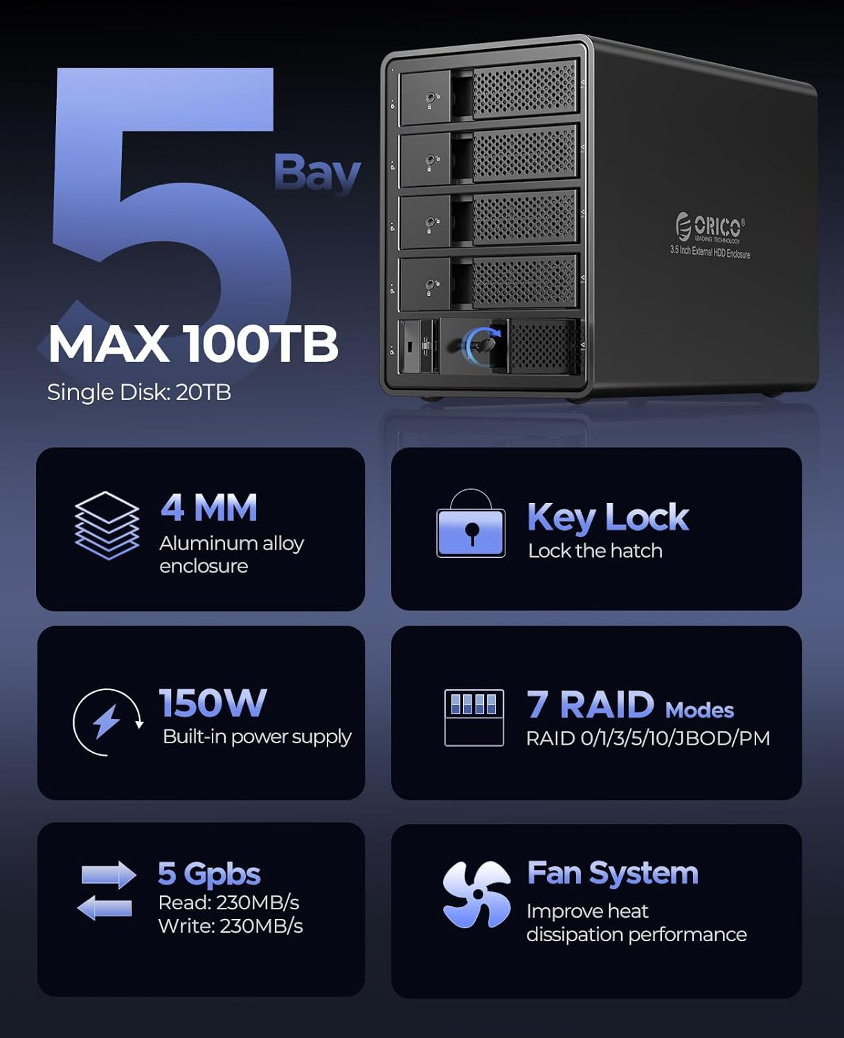 ORICO 5 Bay USB 3.0 to SATA External Hard Drive Enclosure for 3.5 Inch HDD Support 80TB (5 X 16TB) Aluminum Alloy RAID Enclosure Support RAID Mode Storage with Fan Tool Free (5 Bay)