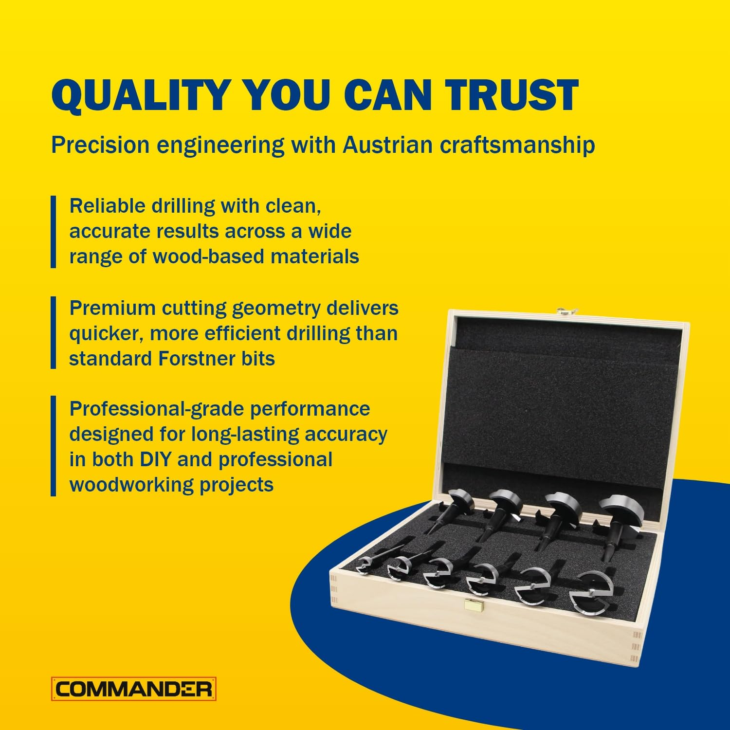 Black Shark Pro Forstner Drill Bit Set 10 Pieces Diameter 15-20-25-26-30-35-40-45-50-55 Mm Length 90 Mm in Wooden Case image number 5