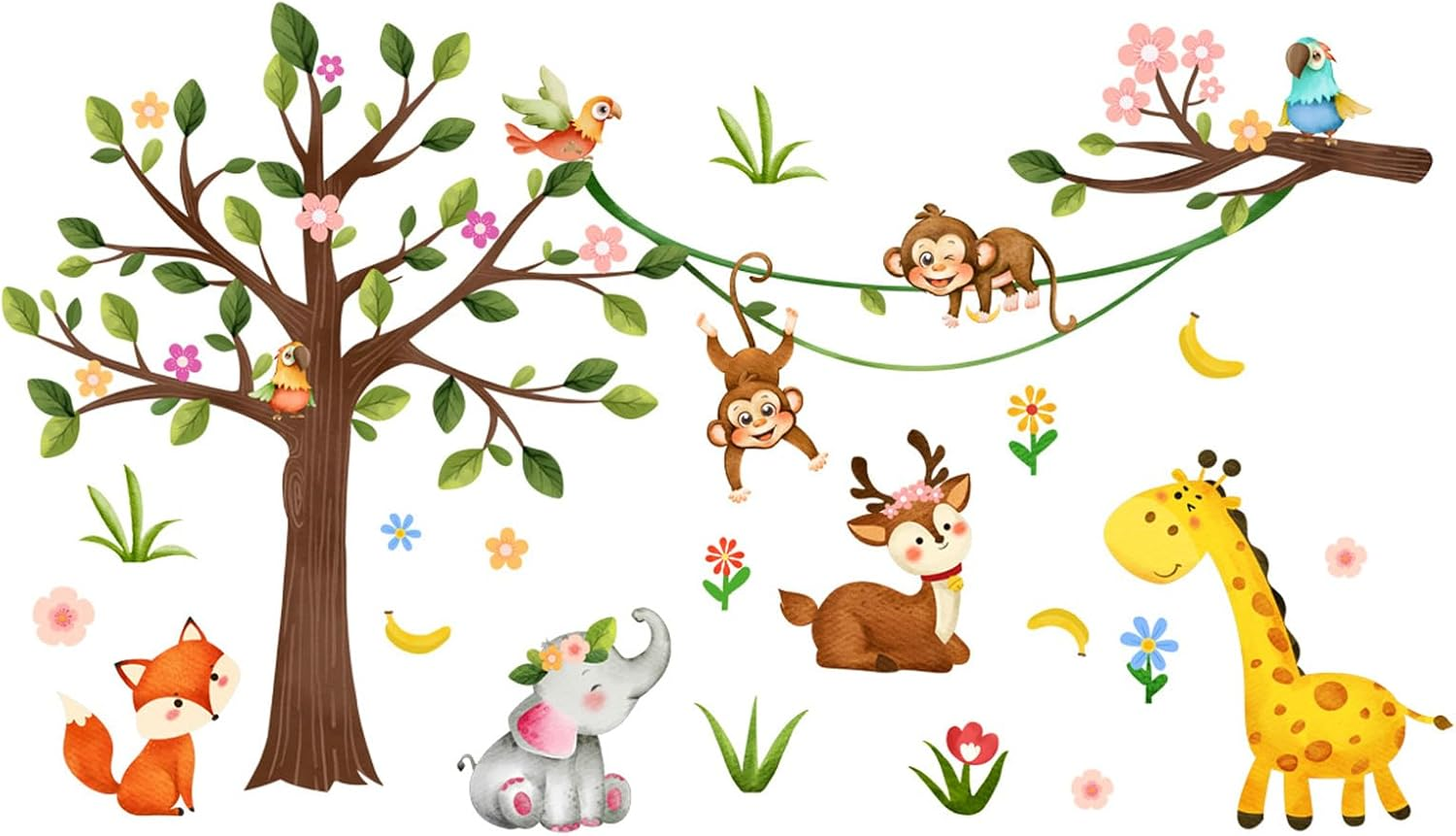 Buziba Wall Stickers Jungle Forest Animals Woodland Tree Monkey Elephant Giraffe Wall Decals Nursery Bedroom Living Room Wall Decoration image number 2