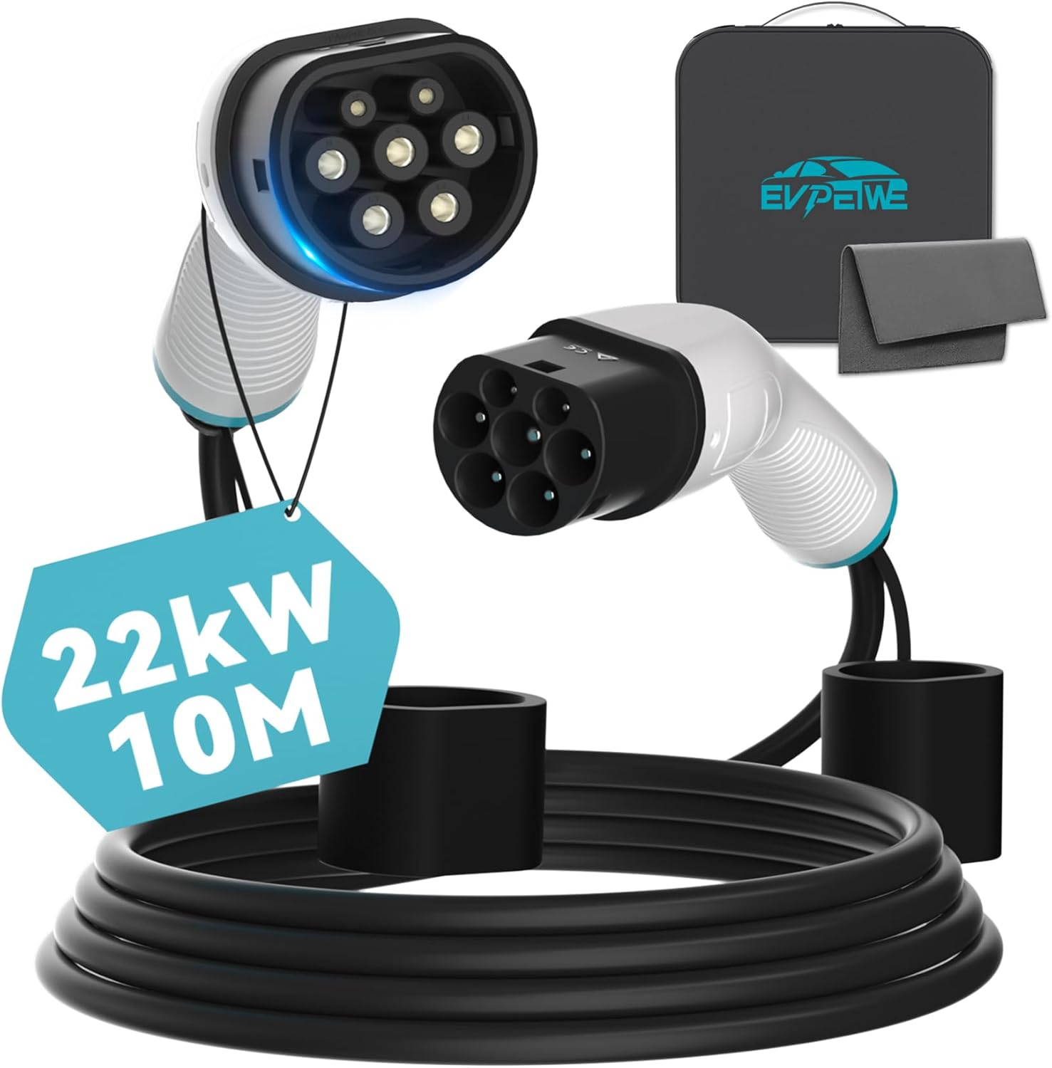 22Kw 32A Type 2 to Type 2 EV Charging Cable, 10M Portable Type 2 EV Charger Cable | 480V | 3 Phase | IP55 | for All IEC62196-2 Evs & Plug-In Hybrid Mennekes Model 3/Y BYD MG4, RCM Certified image number 3