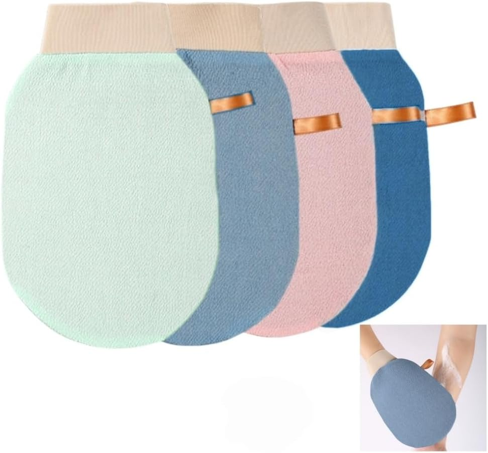 4 Pack Exfoliating Mitts Body Scrub Glove,Afzoryxn Exfoliating Mitt,Dual-Sided Deep Cleansing Mitt,Exfoliating Gloves,Shower Exfoliation Mitt,Deep Body Scrubber for Women and Men(Blue+Pink+Pale Green+Pale Blue) image number 4