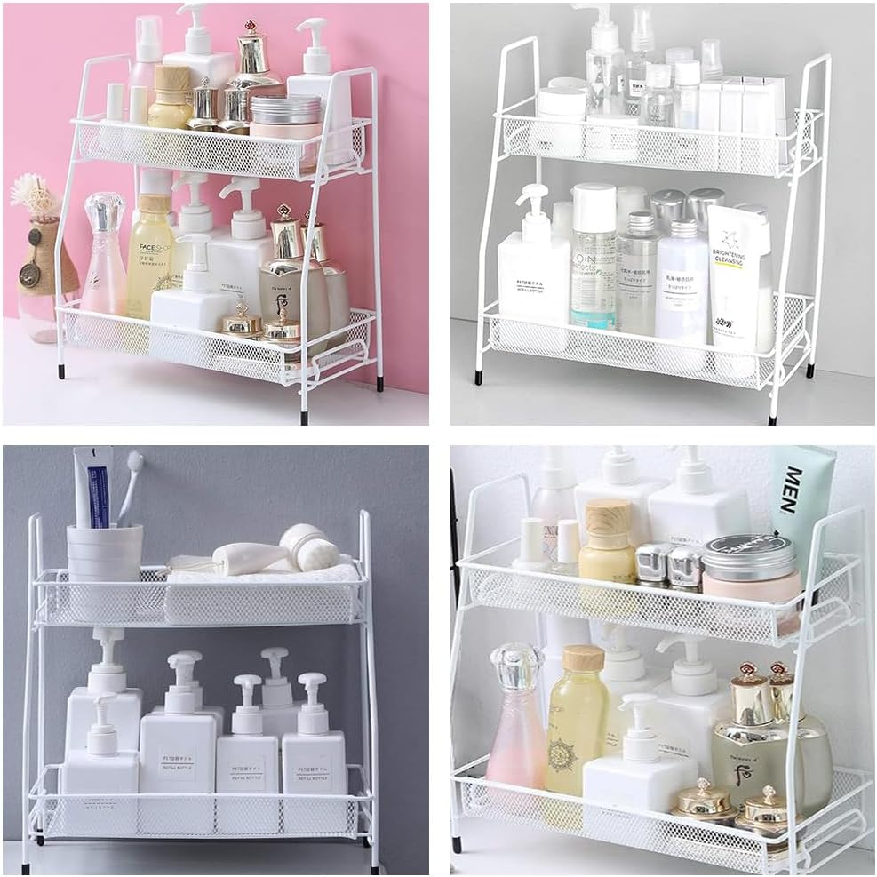2 Pack 2-Tier Bathroom Organizer, Countertop Organizer, Kitchen Organizer, Metal Makeup Rack, Small Perfume Dressing Table Organizer for Sink/Bedroom/Living Room/Kitchen/Office (White) image number 1