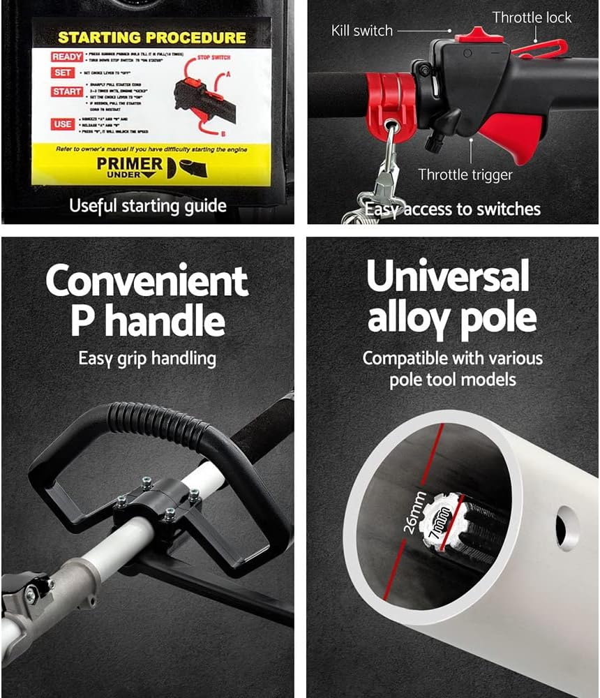 Giantz Pole Saw, 65Cc Hedge Trimmer Brush Cutter Poles Tree Pruner Chainsaw Cordless Petrol Hand Power Chainsaws Home Garden Farm Whipper Snipper Tool Saws, with Extra Chains Spark Plug 12" Bar 2 In1 image number 1