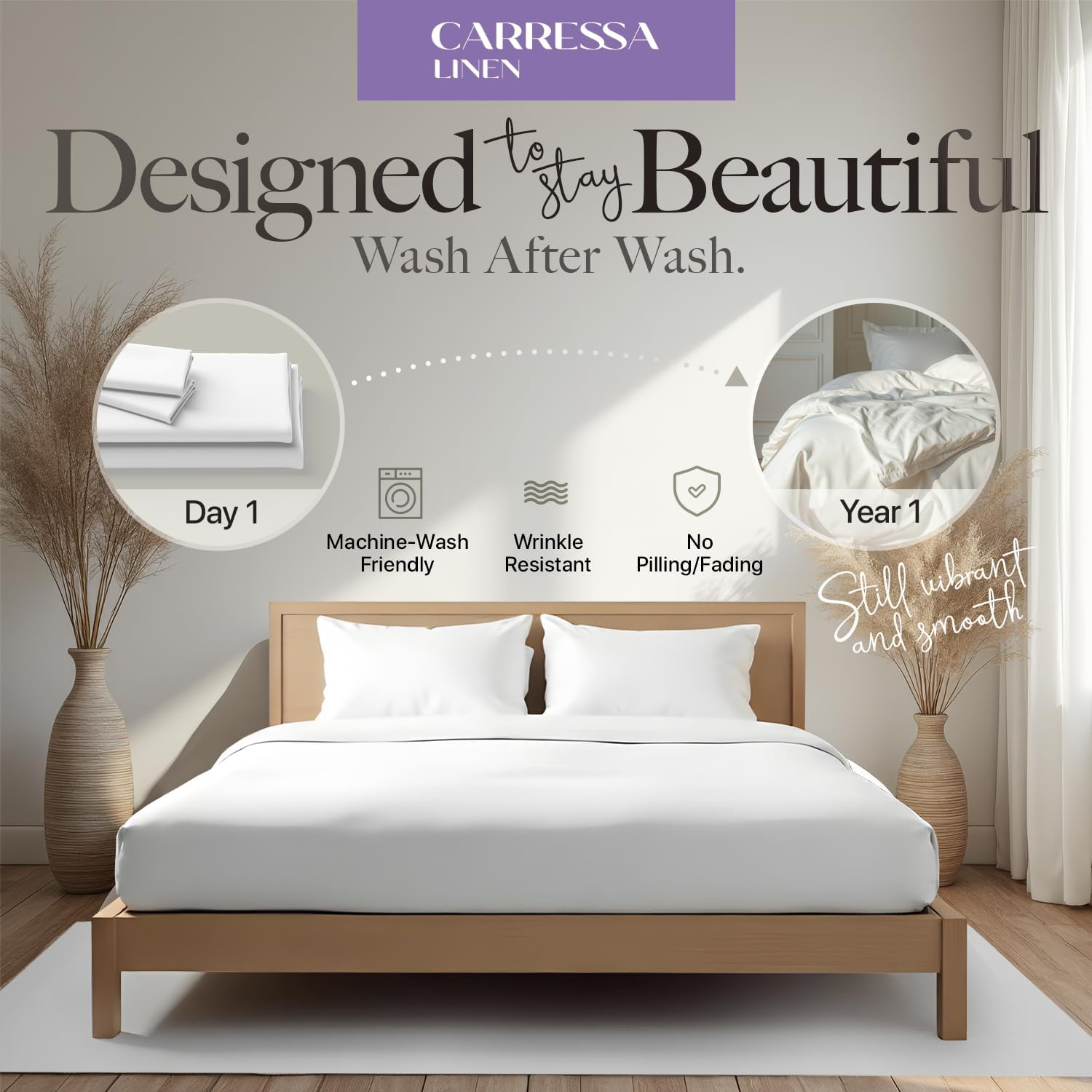 Carressa Linen 100% Egyptian Cotton King Size Sheets Set - 600 Thread Count Egyptian Cotton Sheets King Size (4 PC, Crisp White), Soft, Cooling, 16" Deep Pocket Sateen Weave Luxury Bed Sheet image number 5