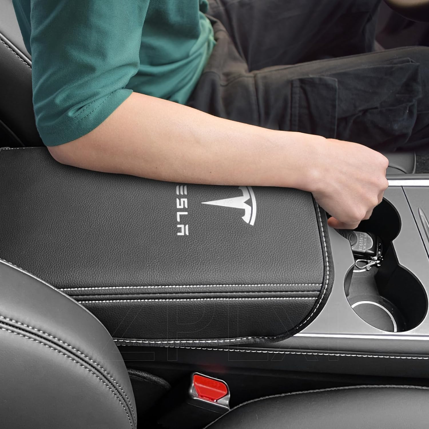 Armrest Cover for Tesla Model 3 Highland Model Y 2024-2017, PU Leather Center Console Arm Rest Anti-Scratch Protector Pad, Non-Slip Interior Accessories for Tesla Model 3 2024 (Black) image number 5