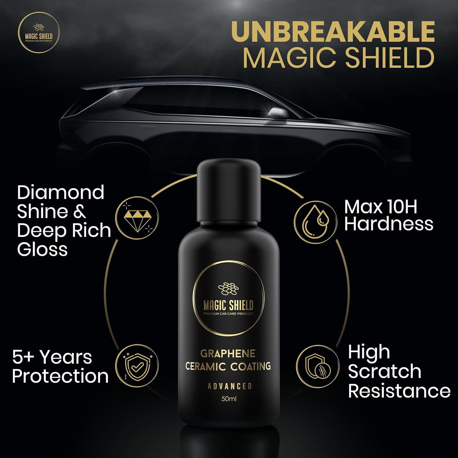 Magic Shield Graphene Coating for Cars │ Self-Healing, 5+ Years Durability │ Advanced Sio2 Ceramic Protection - High Gloss, Anti-Scratch - Perfect for Cars, Motorcycles, Marine, and Rvs