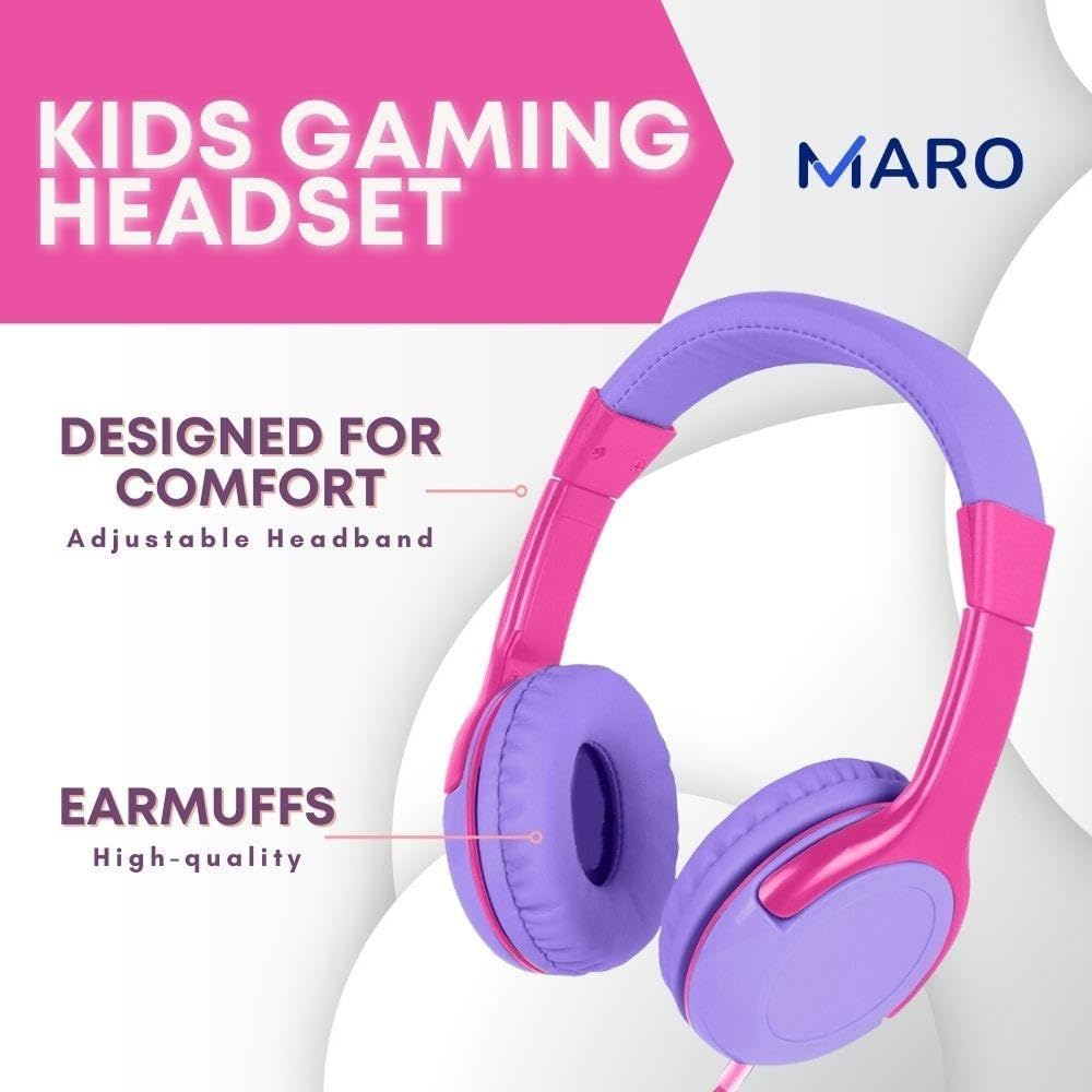 Maro Kids Headphones, Toddler over Ear Headset with Adjustable Headband, Hearing Protection, Volume Limit for Gaming, Music, Airplane, 3.5Mm Jack, Pink image number 3
