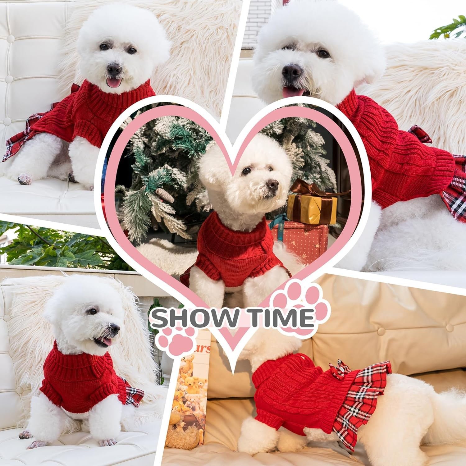 Slowton Dog Turtleneck Sweater Dress with Bowtie - Dog Warm Pullover Sweater with Leash Hole, Stretchy Knitted Winter Clothes for Small Medium Dogs Puppies image number 5