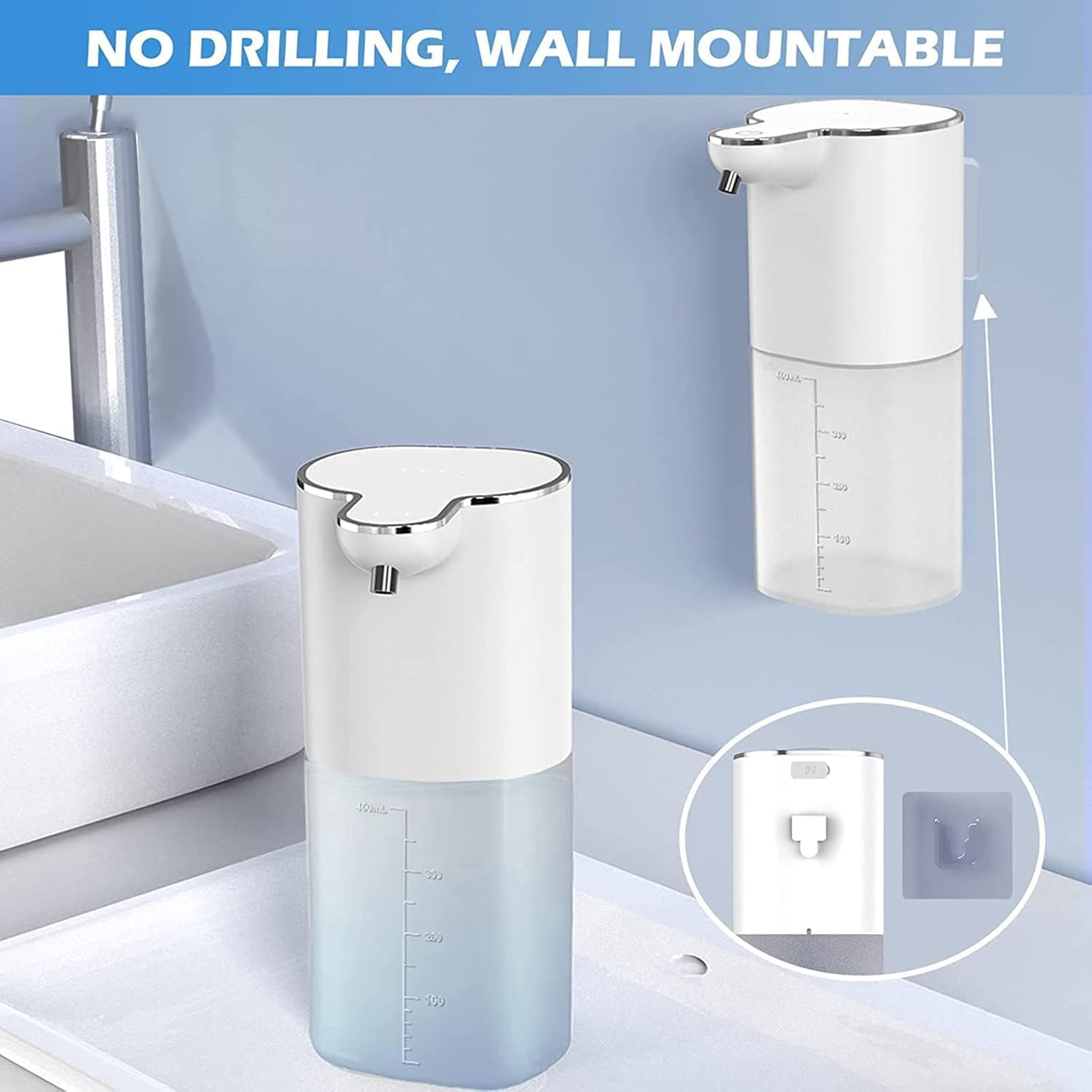Youker Soap Dispenser Automatic Liquid Soap Dispenser 13.5Oz/400Ml Wall Mount Liquid Dispenser USB Rechargeable Touchless Hand & Dish Soap Dispenser Waterproof Pump for Bathroom Kitchen image number 5