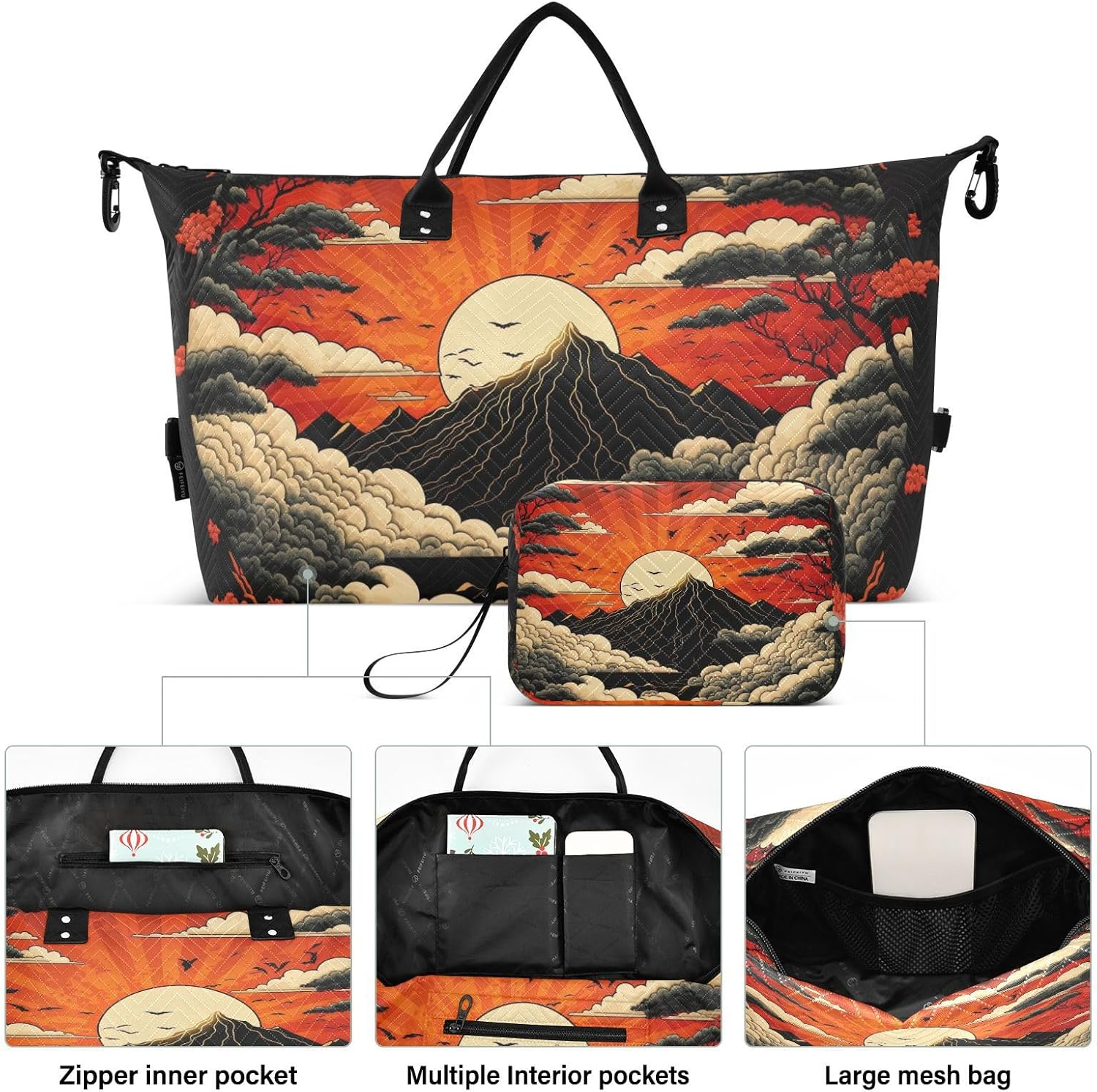 Duffel Bag Set with Toiletry Bag for Travel Gym Sport, Luggage Sleeve Weekender Bags Carry on Overnight Bag-Traditional Japanese Painting Print, Multicolored, 20.5 X 7.9 X 13.8 Inches+9.1 X 3.5 image number 5