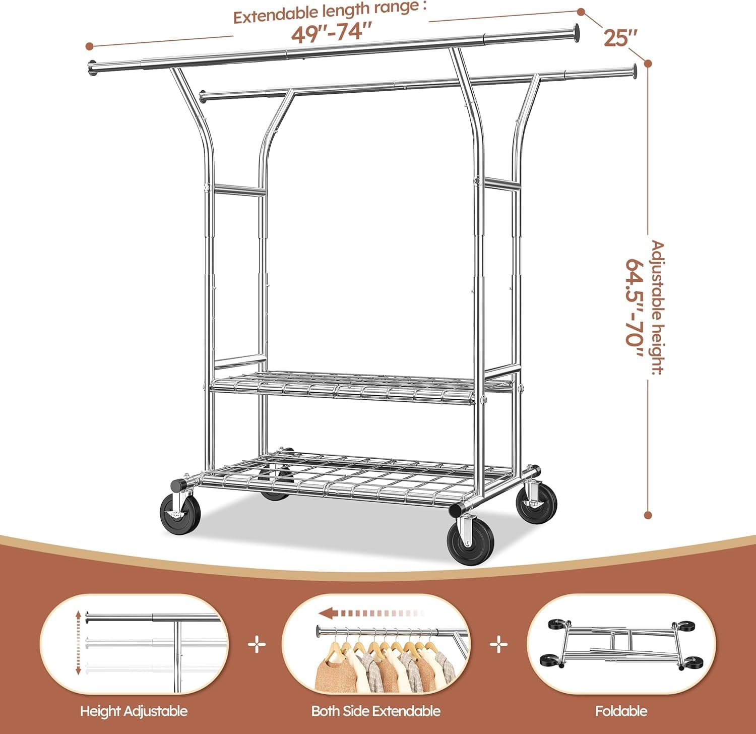 Clothes Rack Heavy Duty Clothing Rack with Wheels Load 630LBS Clothing Racks for Hanging Clothes Rolling Clothes Rack Adjustable Garment Rack Commercial Portable 74" Wx 25" Dx70 H image number 2