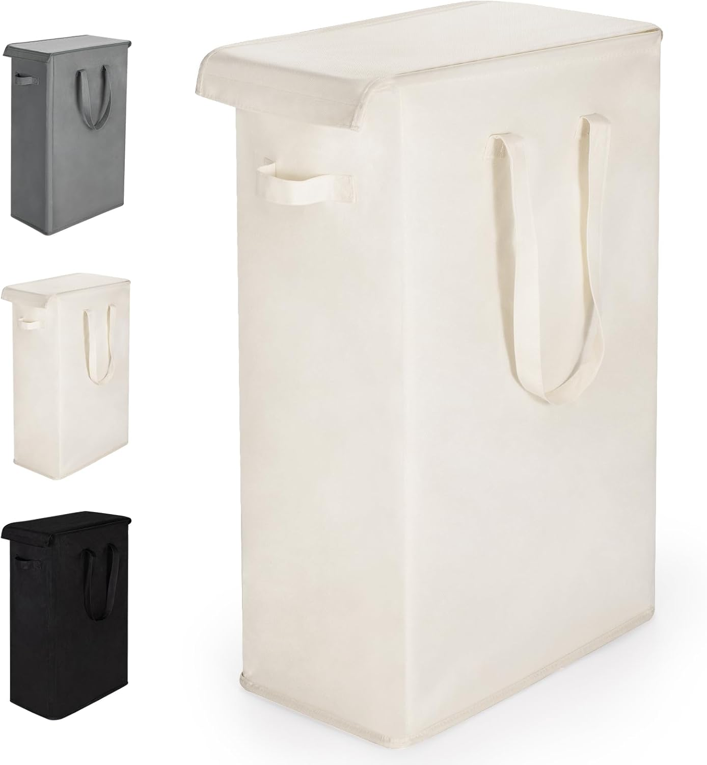 Rieeyrslza Slim Laundry Hamper with Lid 55L Thin Dirty Clothes Basket with Long Handle, Narrow Laundry Bag, Foldable Dirty Hamper, Narrow Dirty Clothes Hamper for Closet and Bathroom, Beige image number 5