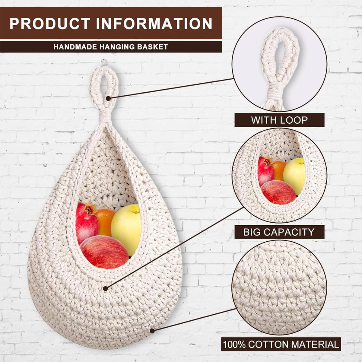 AIMALL Handmade Cotton Rope Wall Hanging Fruit Basket Storage Net Pocket Waterdrop Shape for Kitchen and Home Organisation image number 1