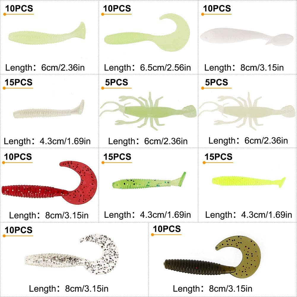 Fishing Grubs Paddle Tail Swimbaits Luminous Shrimp Soft Lures Kit for Bass Trout Walleye (115PCS) image number 4