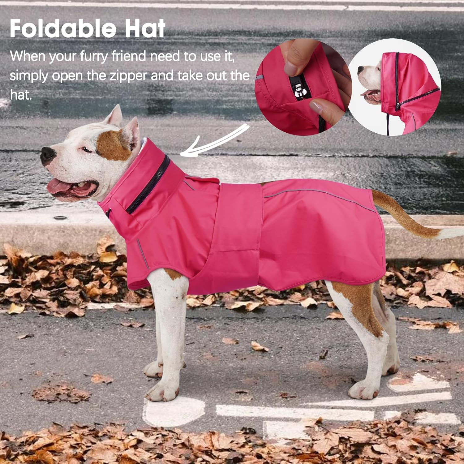 Iecoii Waterproof Dog Raincoat for Large Dogs, Adjustable Dog Rain Jacket with Leash Hole, Reflective Hooded Poncho Raincoats (Pink, 3XL) image number 3