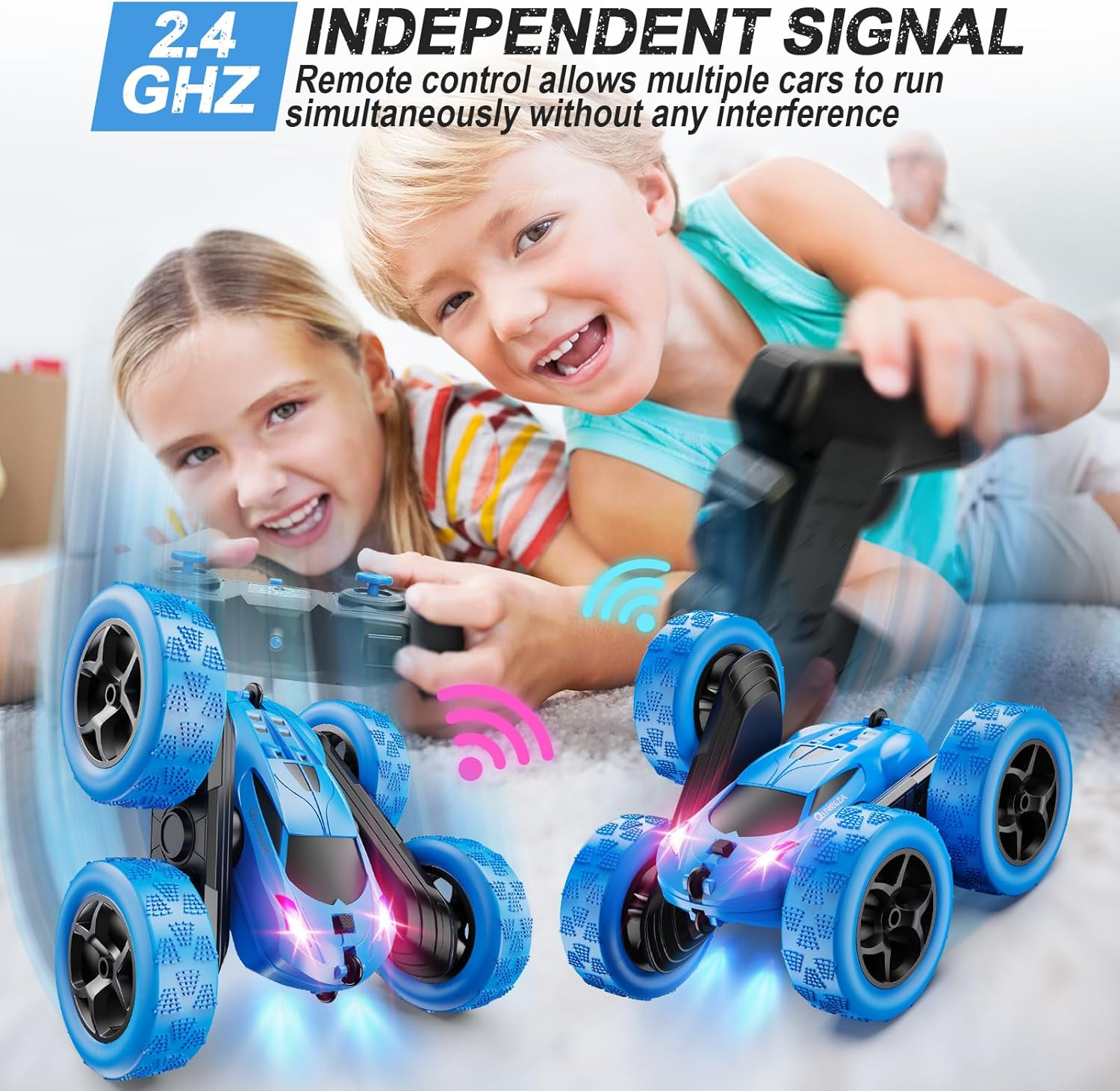 QUNREDA Remote Control Car, RC Cars Toys for Kids Ages 6-12, 4WD Stunt Car with LED Lights & 360&deg; Flips, 2.4Ghz, Upgraded USB-C Modular Batteries, Ideal Birthday Gift 8-10 Year Old Boys Blue image number 2