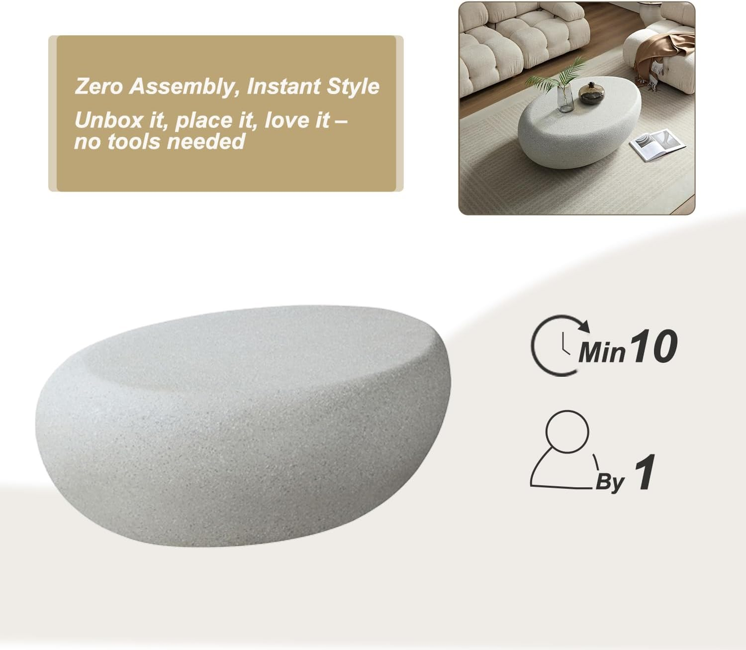 Oval Coffee Table &ndash; Beige Faux Stone Finish, Modern Fiberglass Drum Design, Minimalist Accent Table for Living Room, Bedroom, Apartment or Office, Outdoor, No Assembly Needed - Black - Oval 100Cm image number 3