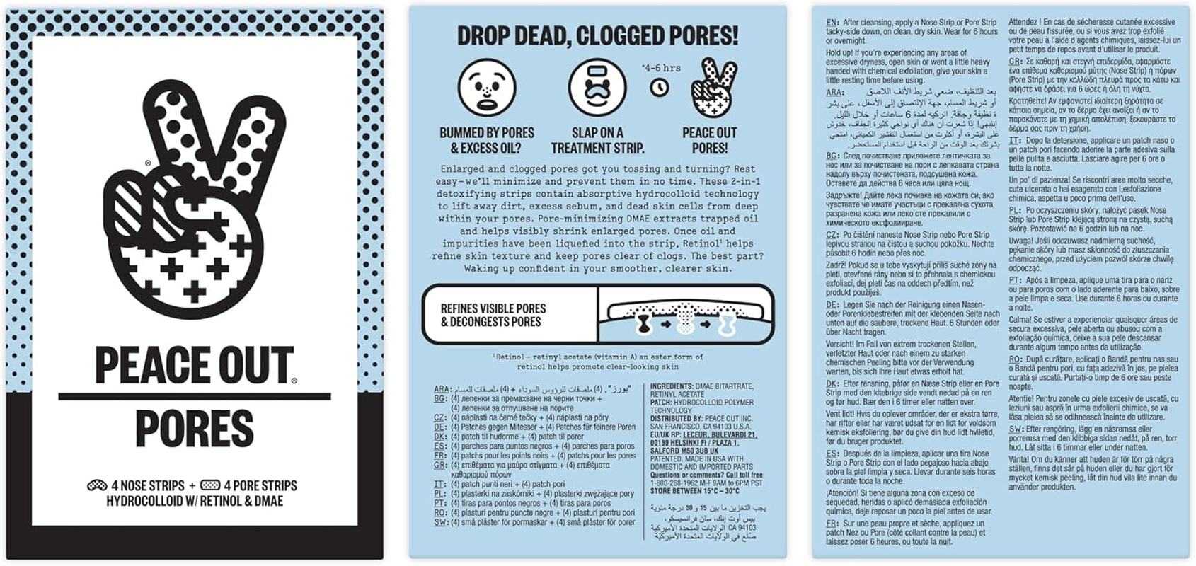 PEACE OUT Skincare Pores. Hydrocolloid Pore-Refining Nose and Face Strips with Vitamin a to Shrink Enlarged Pores and Remove Excess Oil (4 Pore and 4 Nose Strips)
