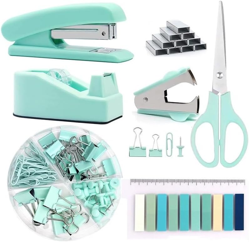 FACAICAI Office Supplies, Desk Accessories, Stapler and Tape Dispenser Set for Women with Stapler, Tape Dispenser, Staple Remover, Staples, Clips, Scissor and Tabs,Gift (Blue Green)