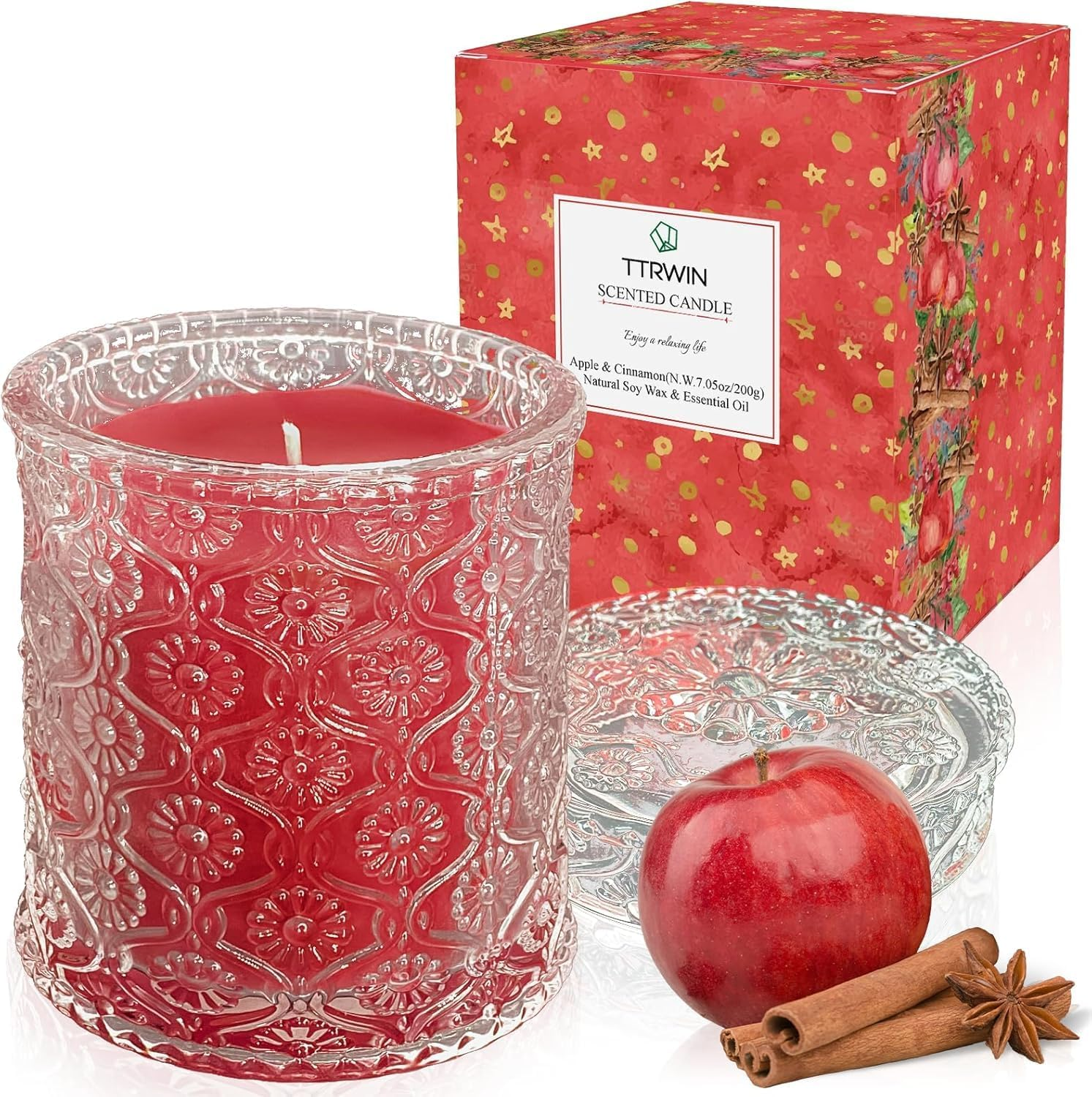 TTRWIN Apple Cinnamon Scented Candle, Natural Soy Wax and Plant Essential Oils, Red Candles, Long-Lasting Clean Burning, Aromatherapy Candles, Gift Surprise for Christmas, Birthday image number 4