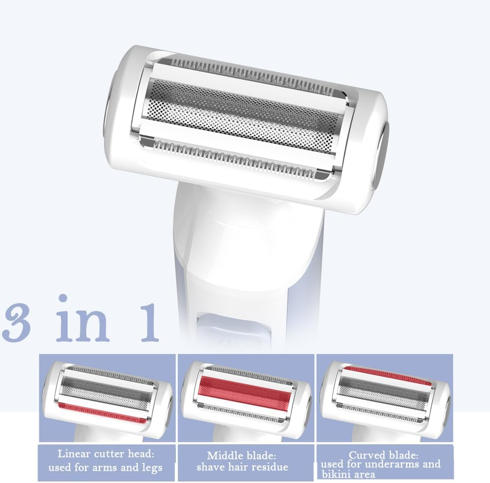 FIREYUN Women'S Electric Shaver Electric Razors 3-In-1 Multi-Functional Design, Battery-Operated, Ideal for Arms, Legs, Face, and Bikini Area, Cordless Hair Removal Trimmer, Detachable Head, IPX6 Waterproof, Wet & Dry Use, Blue, Replacement Blade Included image number 2