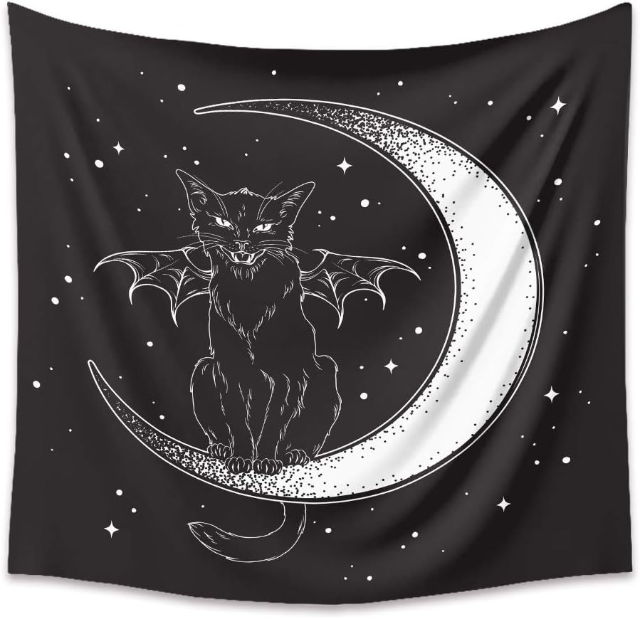 DYRLHZ Black and White Wing Cat on Moon Tapestry, Creepy Hippie Spooky Monster Wall Hanging Tapestry, for Living Room Bedroom Home Decor (59'' X 79'', Cat Bat)