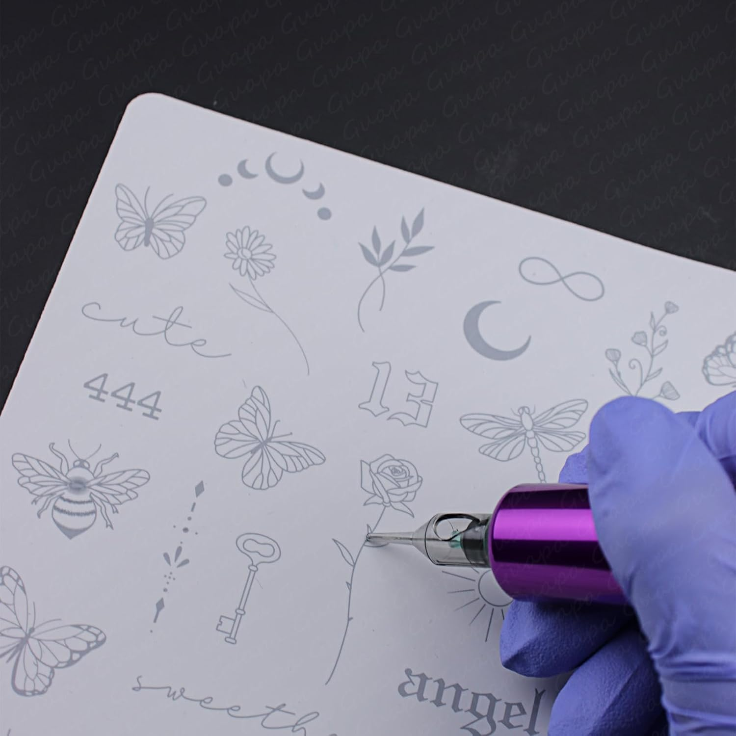 Guapa 3Pcs Tiny Tattoo Practice Skin over 80 Unique Stencil Designs Realistic Replication Tattoo Stencil Designs for Real Tattoos (Pink Sheet) image number 5