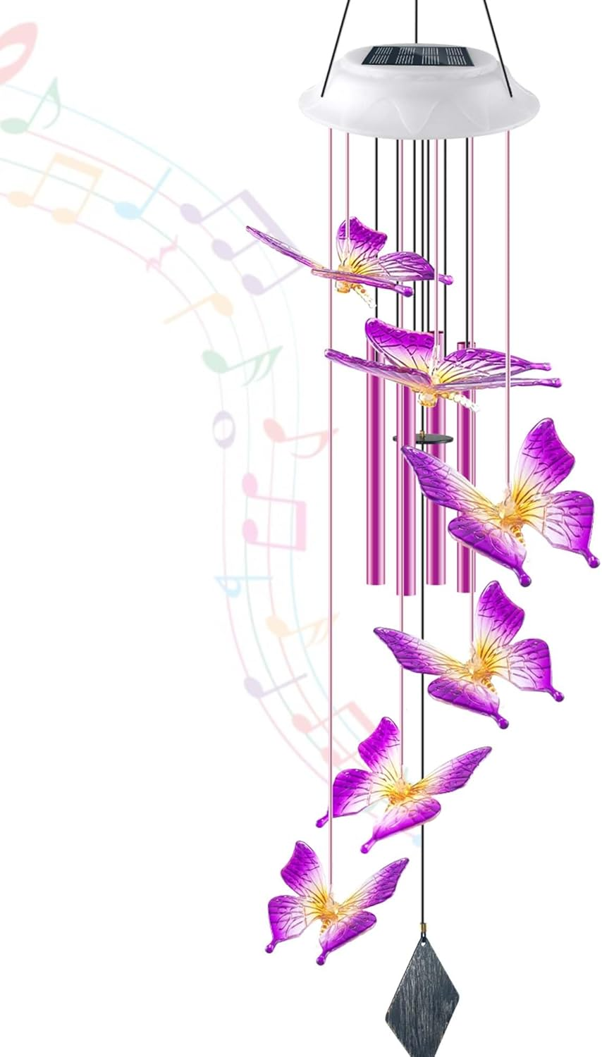Purple Butterfly Solar Wind Chimes, Valentines Day Gifts for Him, Glowing Top Color Changing Moblie LED Wind Chime for Outside, Outdoor Home Party Garden Decor Light image number 5
