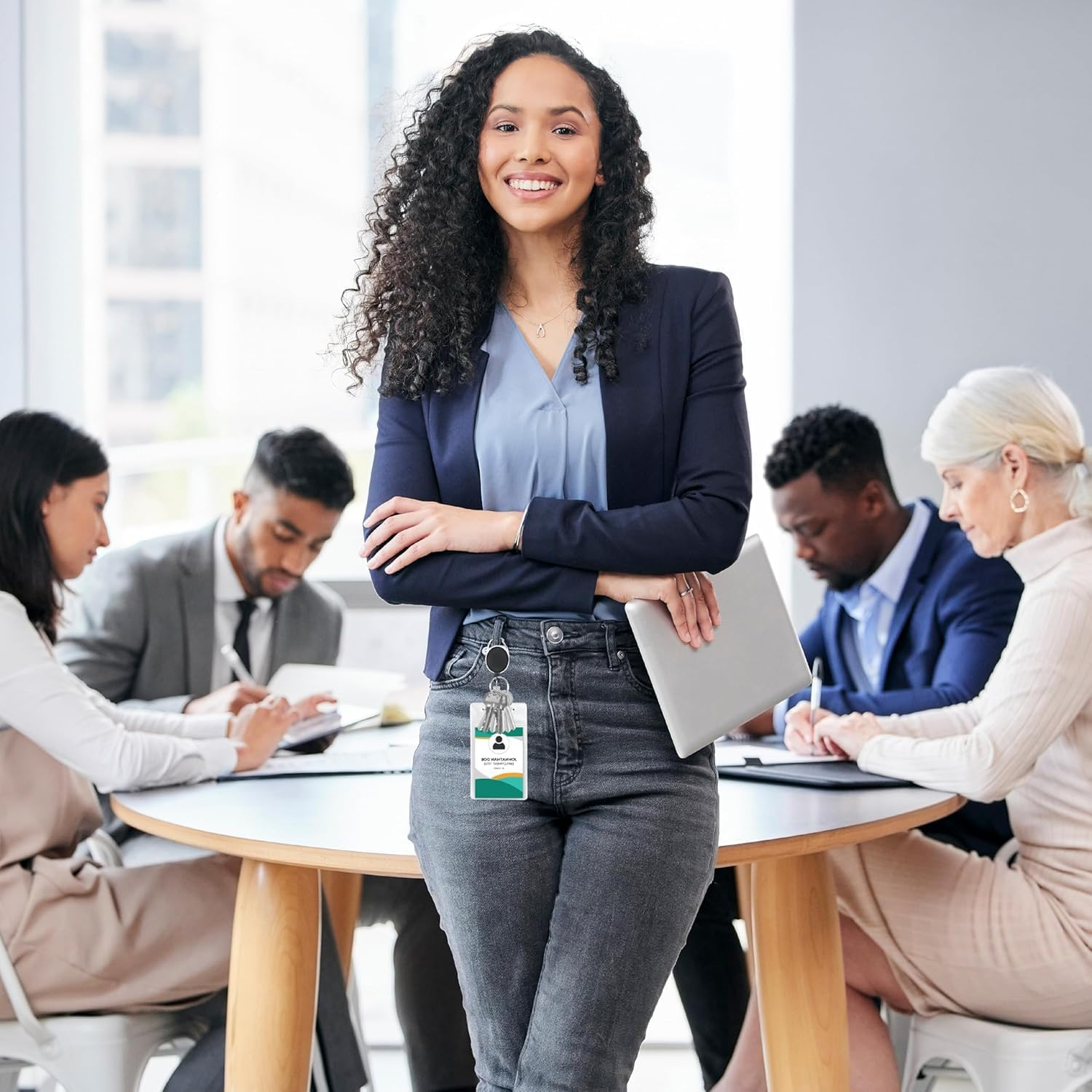 ID Badge Holders with Clip and Keyring - Vertical Clear Plastic 6.4CM X 9.1CM Sleeves Fit up to 3 Cards - Retractable 60CM UHMWPE Fiber Pull Cords for Easy Access (Black, 2 Pcs (Vertical)) image number 6