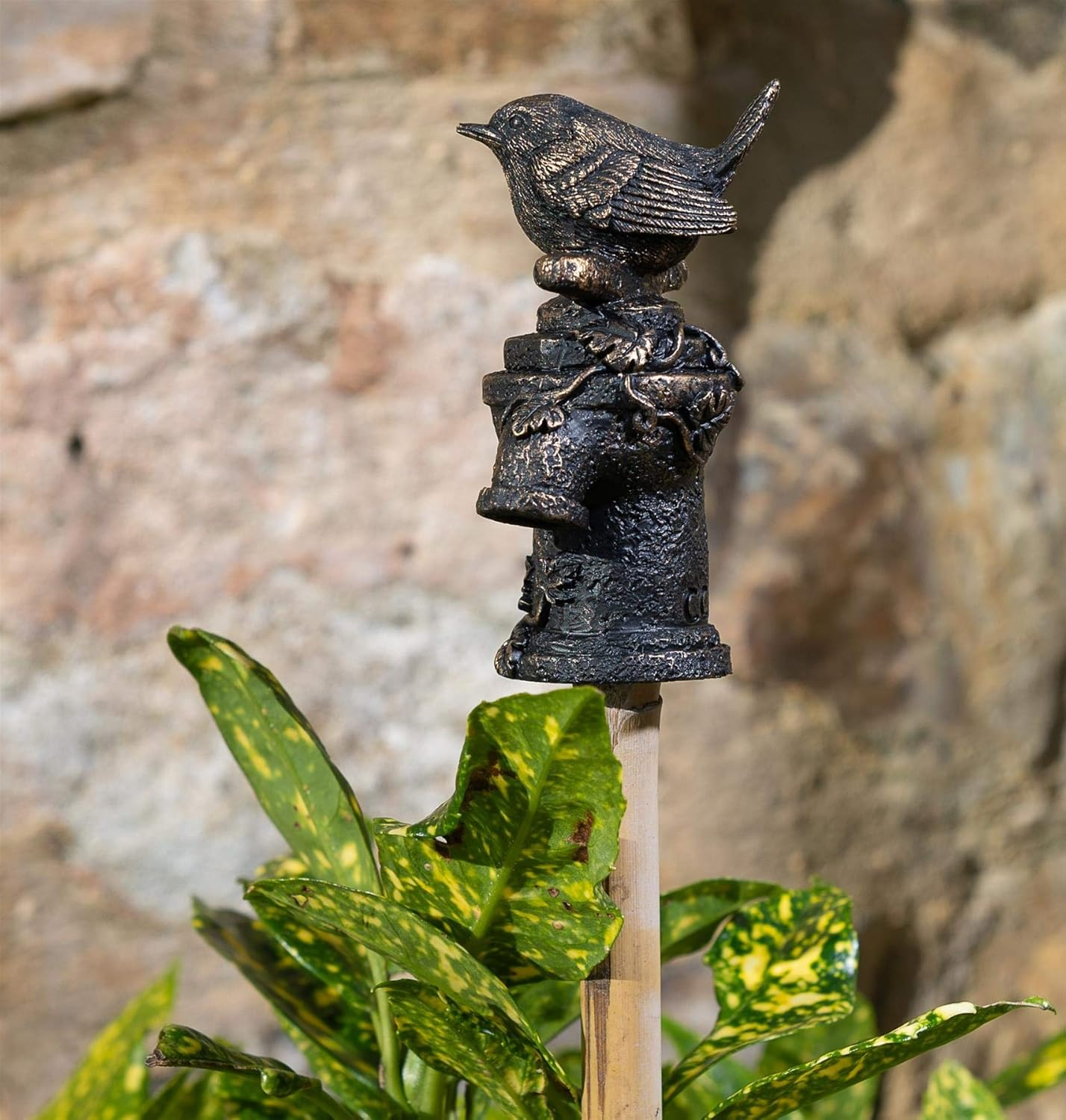 Jardinopia Garden Decor Antique Bronze Wren on Tap Stake Topper