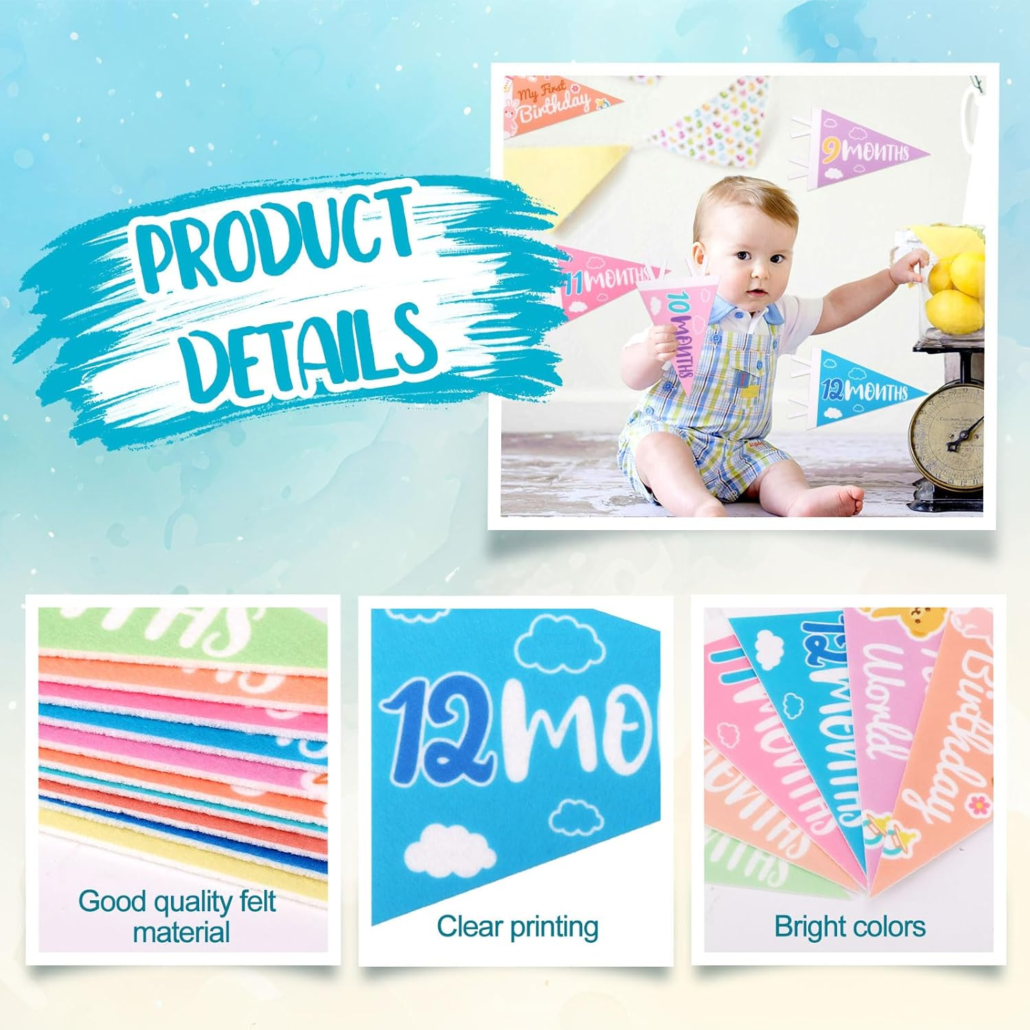 14Pcs Baby Felt Pennant Milestone Signs, Multicolour Monthly Baby Milestone Flag Baby Age Milestone Triangle Flags for Boy & Girl Newborn Party Favors Photo Props image number 1