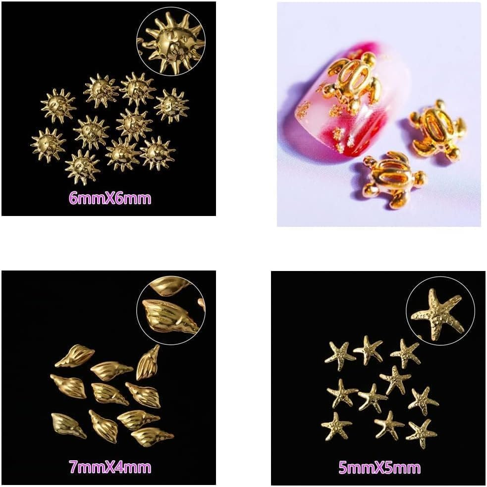 12 Styles Nail Art Metal Studs Gold Metallic 3D Pieces Rivet Palm Tree Turtles Marine Life Charms for Summer Beach Ocean Manicure DIY Acrylic Nails Design Supply Nail Art and Polish(Gold Ocean Studs) image number 6