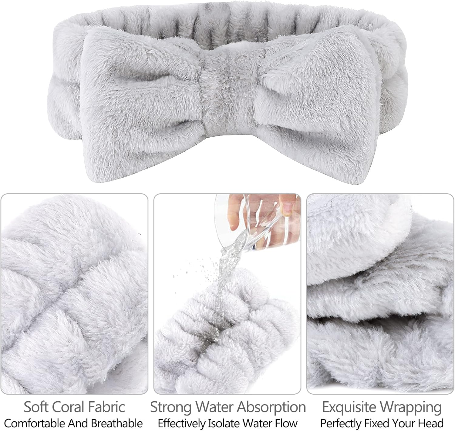 Casoty 8 Pcs Grey Spa Hair Bands for Women, Bow Fleece Headbands for Makeup, Shower, Yoga, and Skincare - Gray image number 3