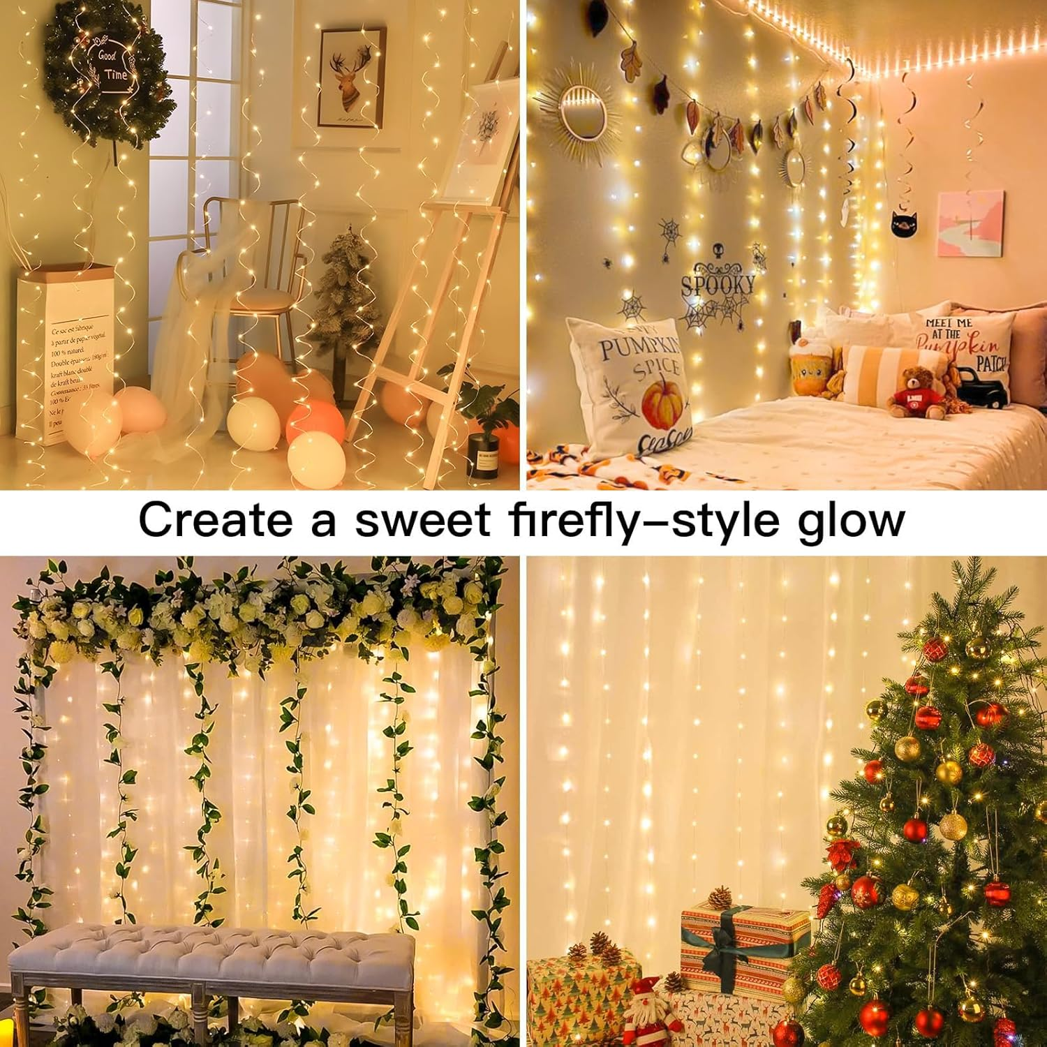 300 LED Fairy Curtain Lights, 3M X 3M Curtain String Lights, 8 Lighting Modes USB Plug in Hanging Lights Christmas Decoration, Bedroom Indoor Weddings Party (Warm White, 1 Pack) image number 6