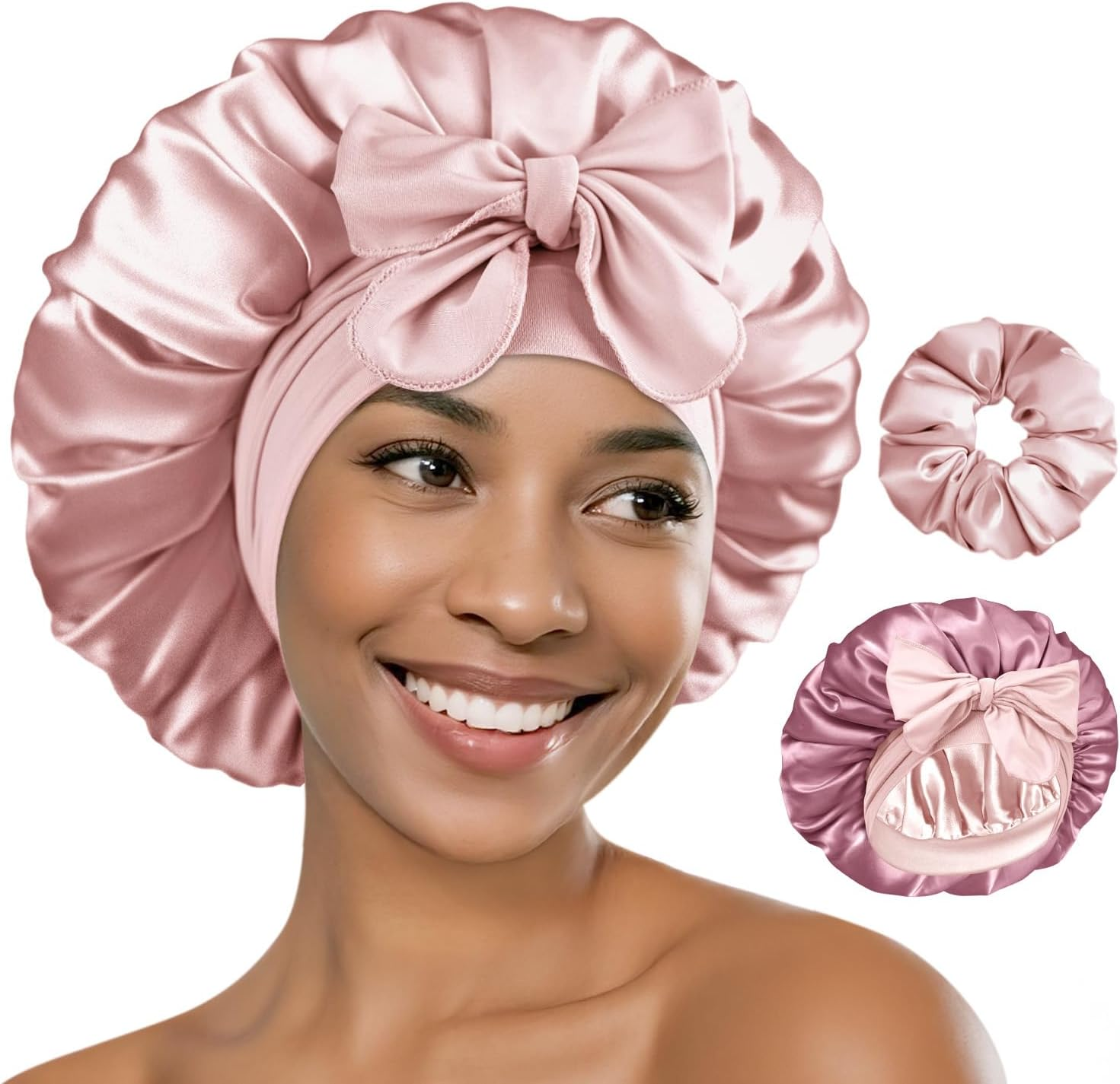 BONNET QUEEN Silk Bonnet for Sleeping Women HYALURONIC Acid Double Layer Satin Bonnet for Curly Hair with Tie Band & Scrunchie