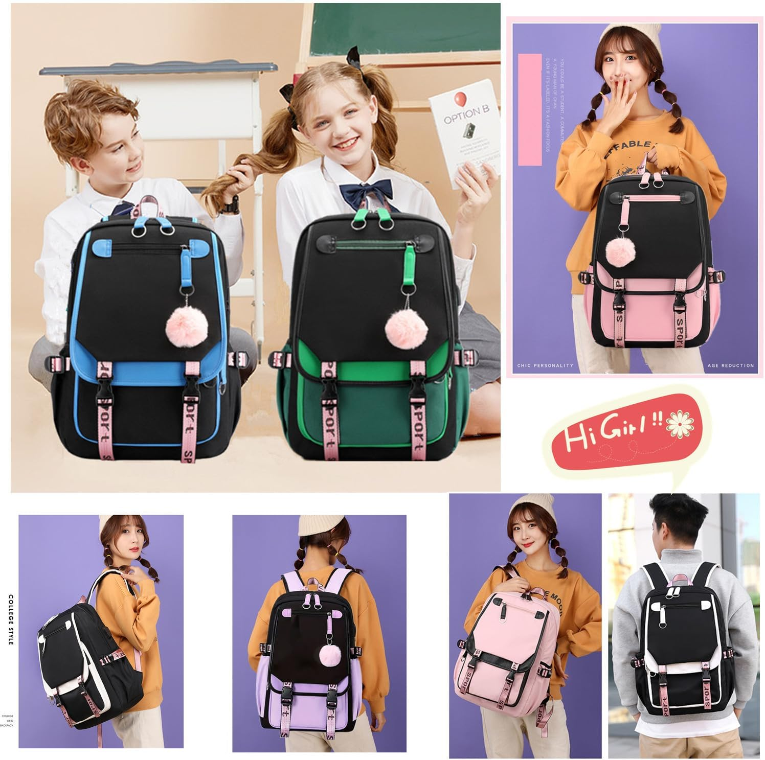 Backpack for Girls Casual Daypack Nylon Waterproof Kids Elementary Middle Schoolbag Children Bookbag