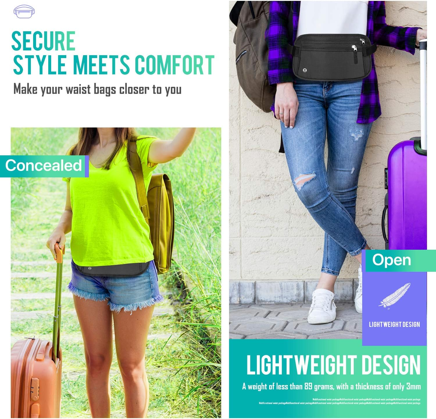 WALNEW Travel Money Belt for Women and Men - RFID Blocking Passport Holder Hidden Travel Wallet to Keep Cash, Credit Card, Passport, Cell Phone Safe (Black) image number 2