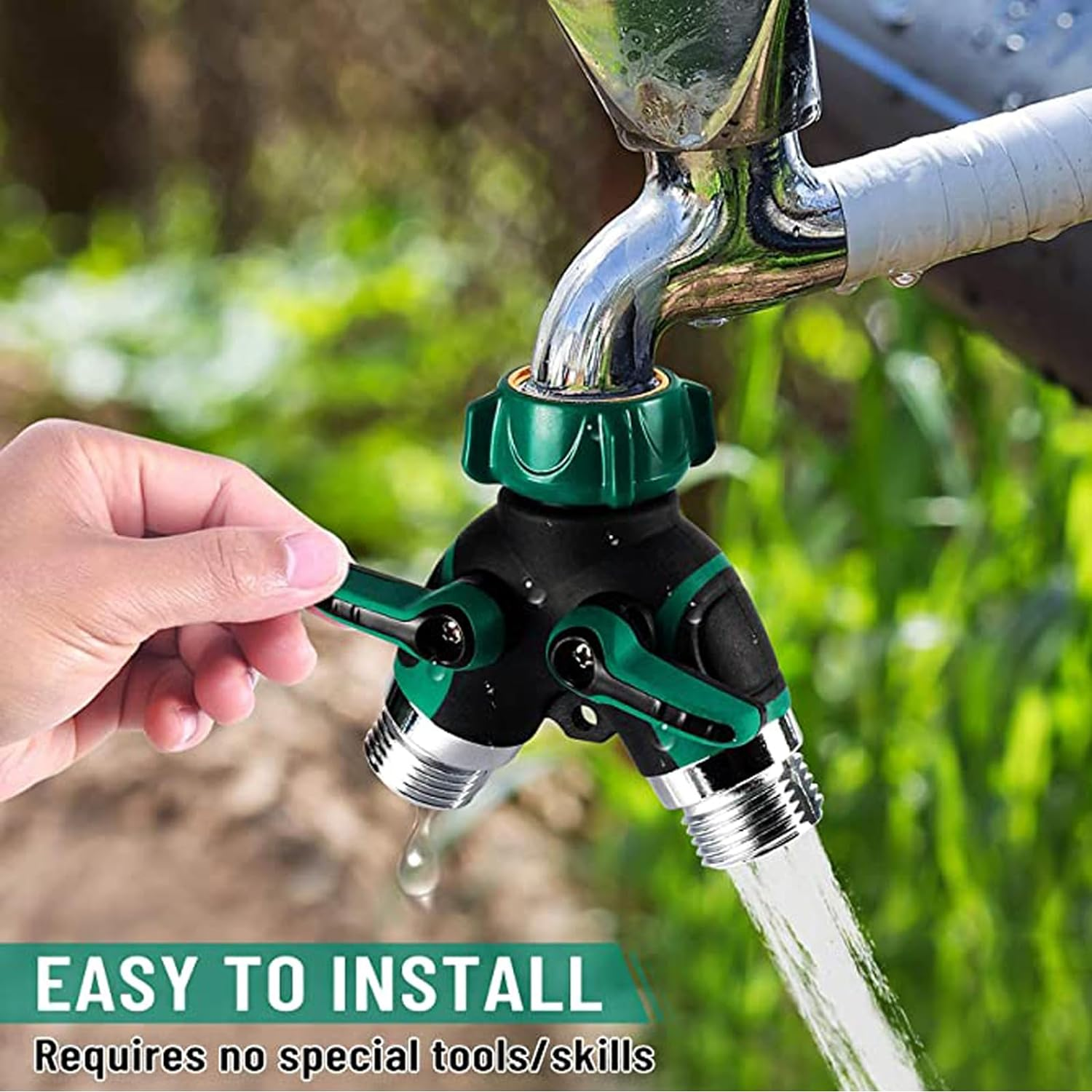 Hose Splitter, Garden Hose Splitter 2 Way, Heavy Duty Metal Water Hose Splitter with Long Handle Shut off Valves 3/4 Inch Y Connector Garden Faucet Splitter for Outdoor Gardening with 2 Rubber Washers image number 3