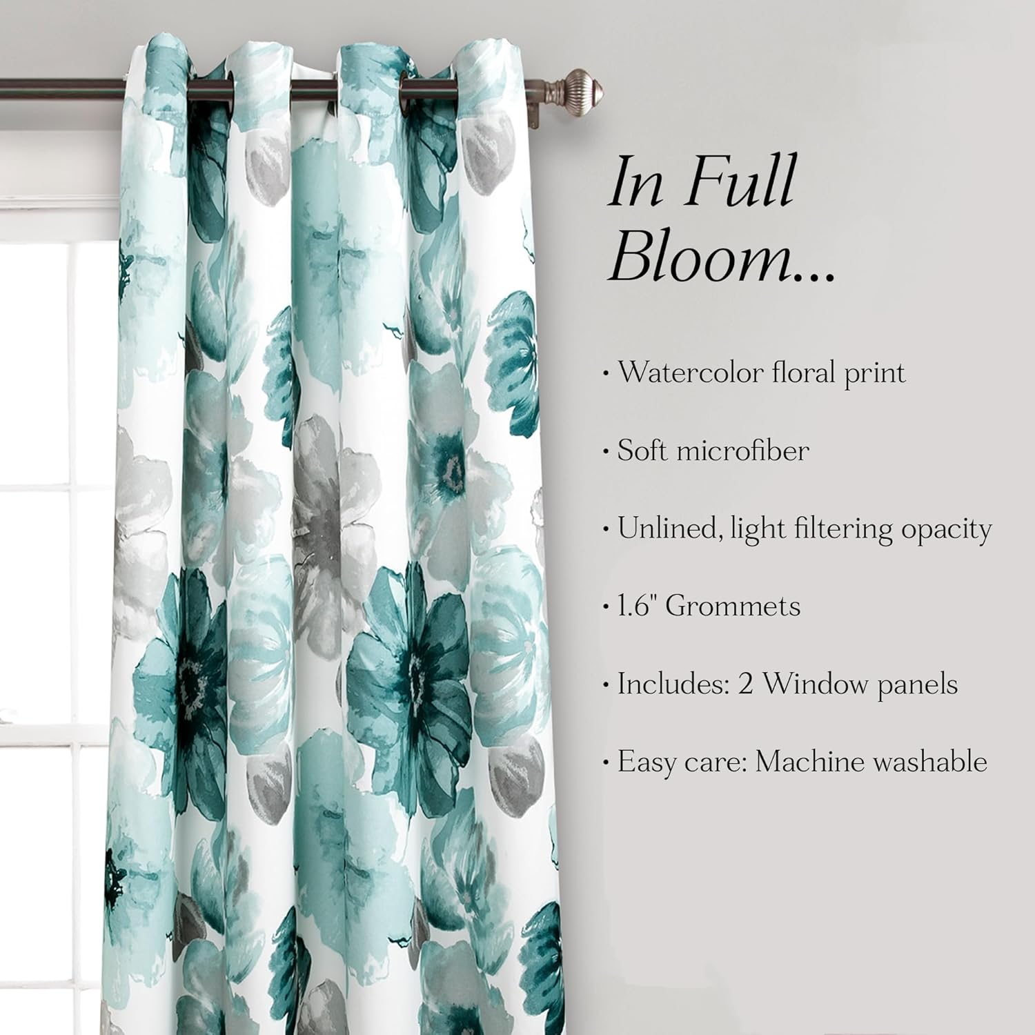 Lush Decor Leah Room Darkening Window Curtain Panel Pair Floral Insulated Grommet, 52" W X 84" L, Blue - Red  Orange image number 2